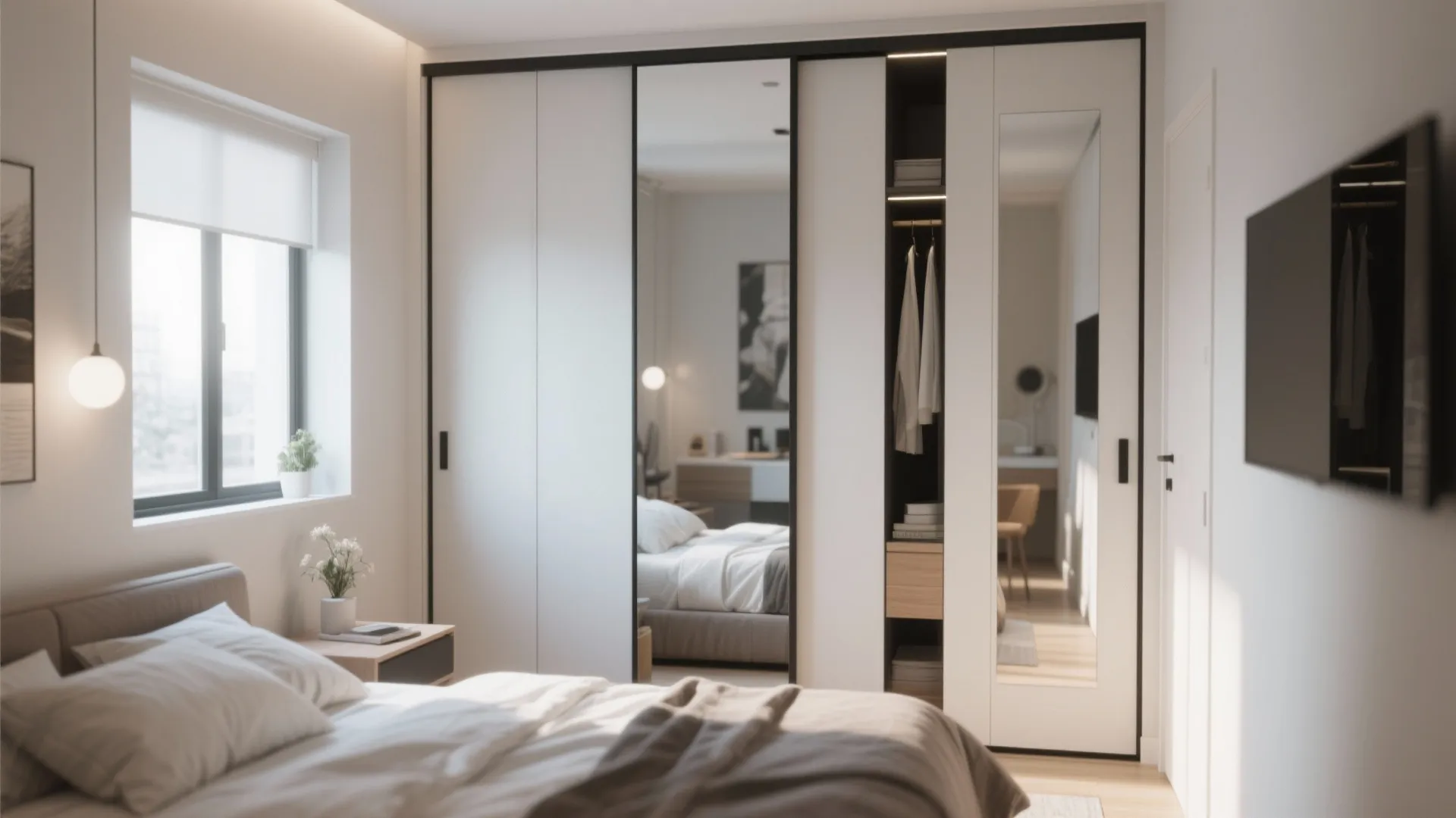 Modern white bedroom with sliding closet doors and mirrors reflecting a cozy bed and window