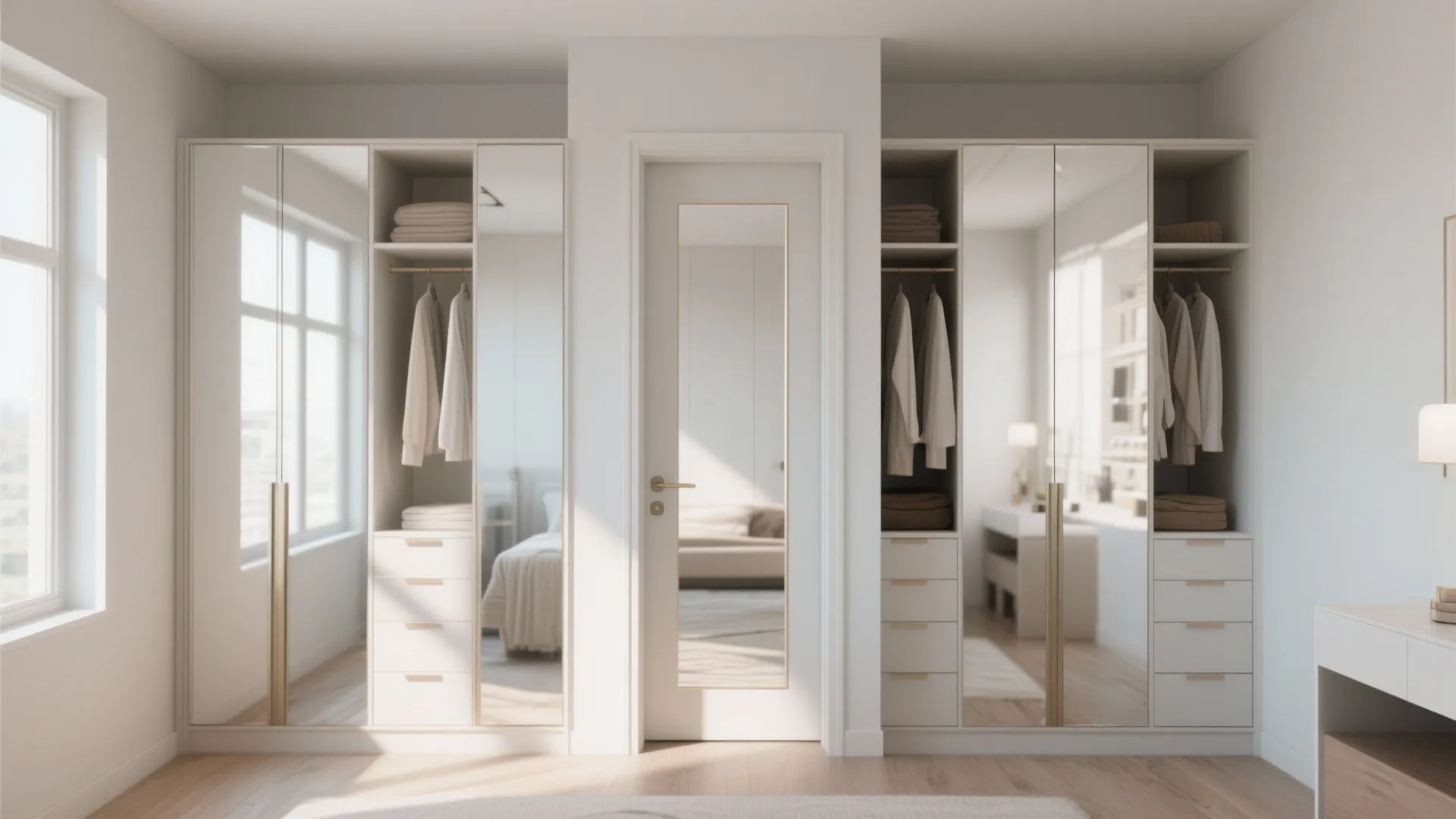 White bedroom closet featuring large mirror doors and a middle door reflecting the bright room