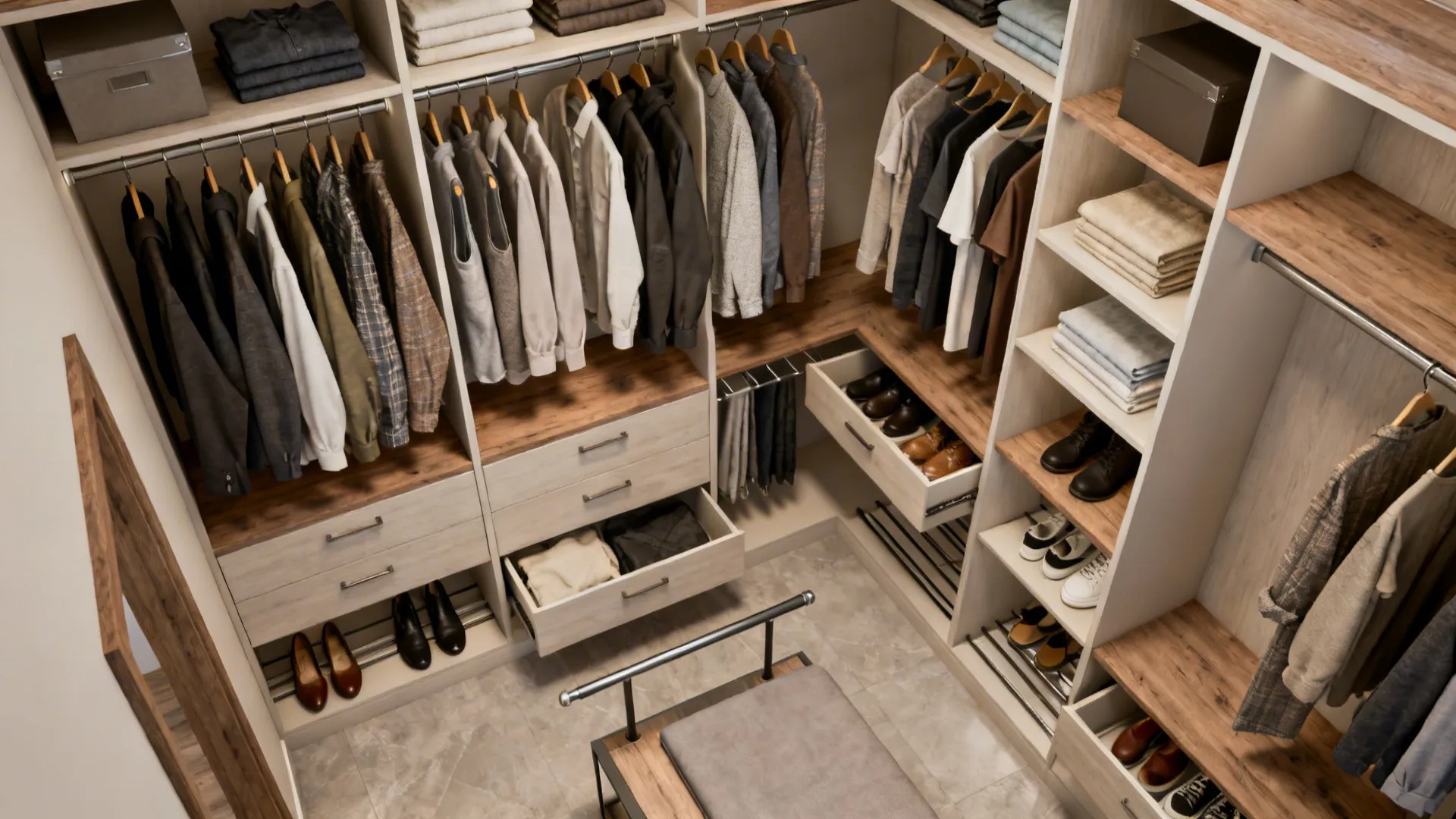 Top-down view of a small closet with mixed-height zones, double hang rods and pull-out drawers.