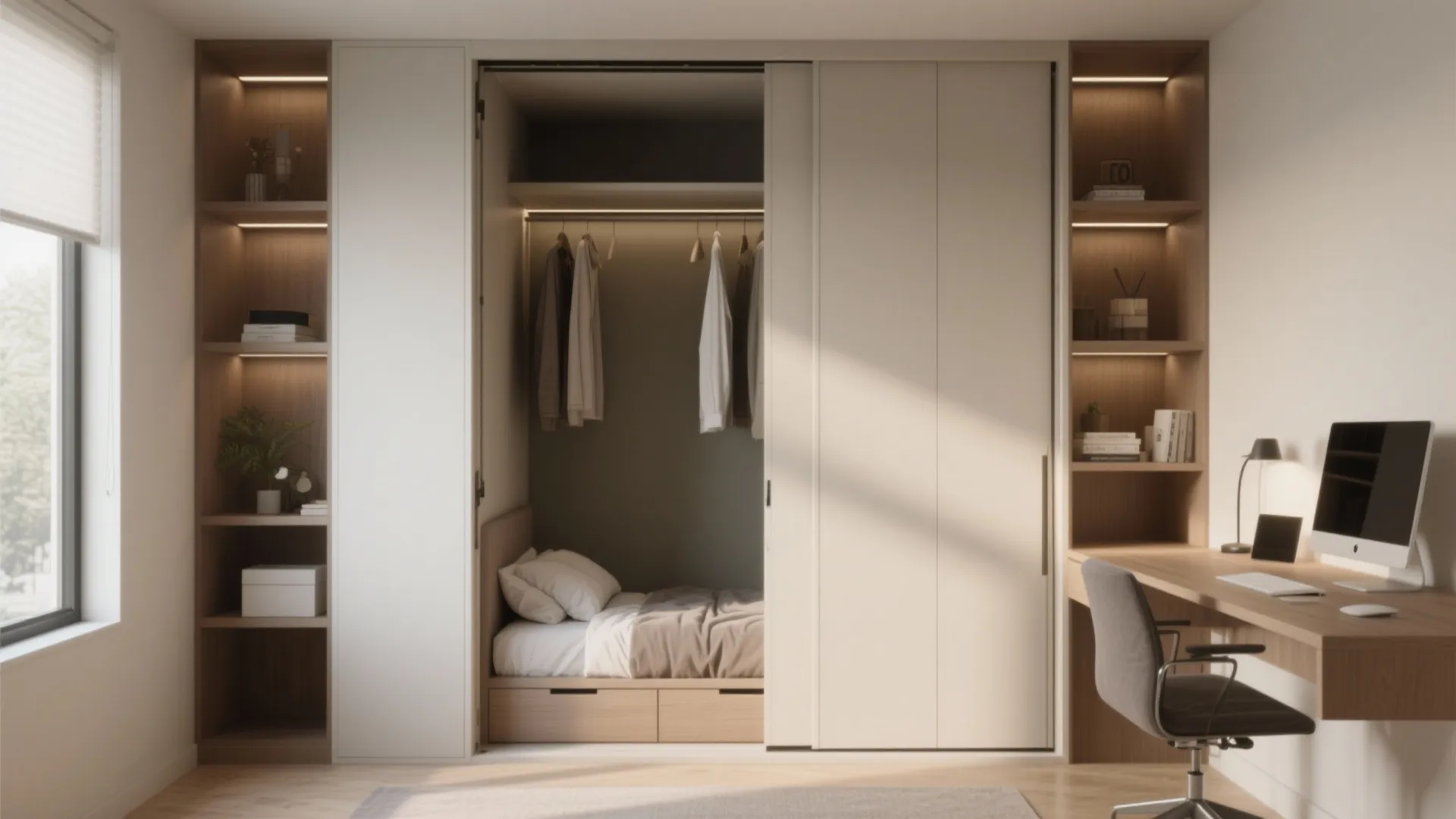 Modern bedroom featuring a hidden bed inside a large closet with desk and office chair