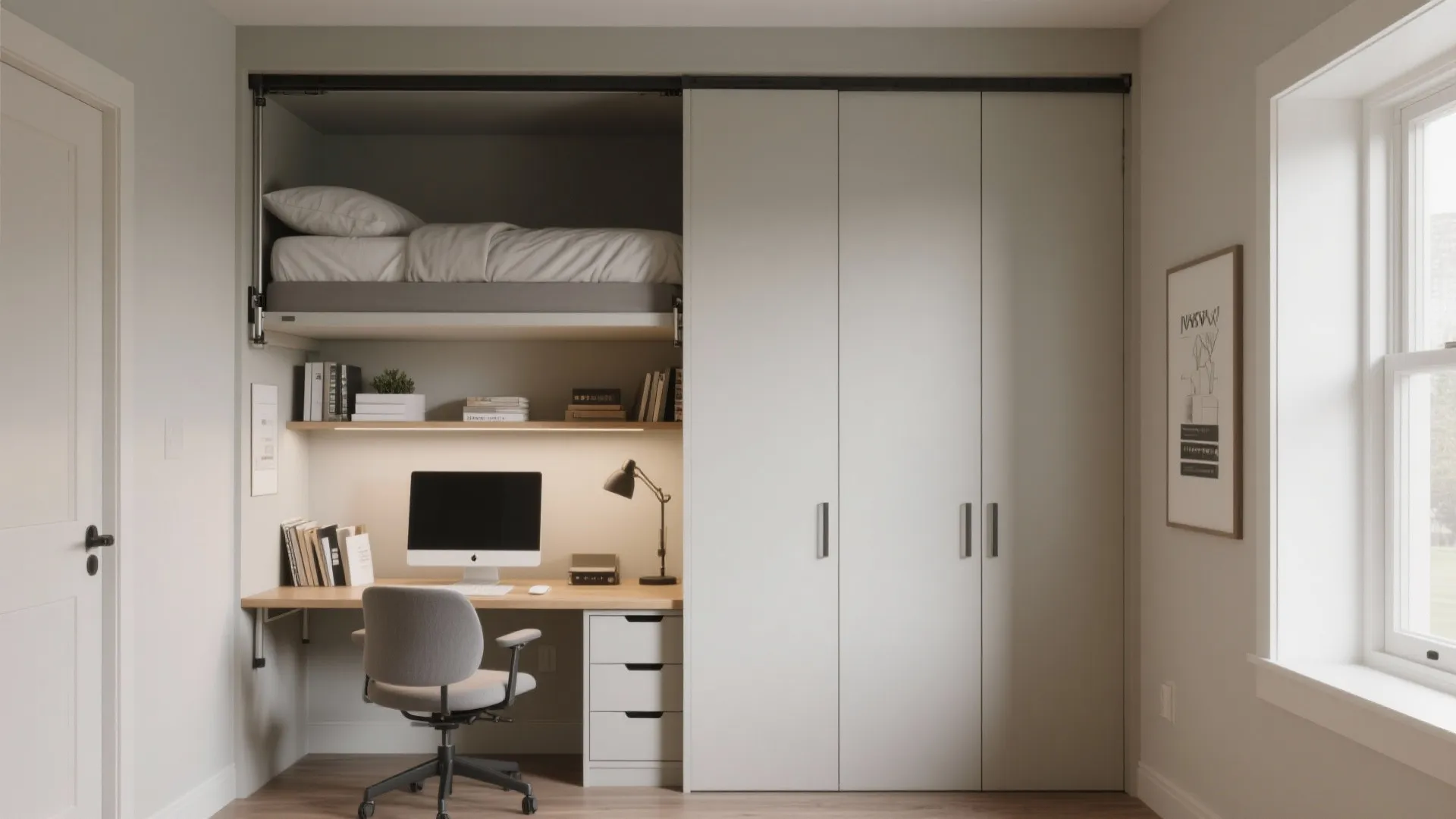 Murphy bed concealed inside a closet niche in a compact office