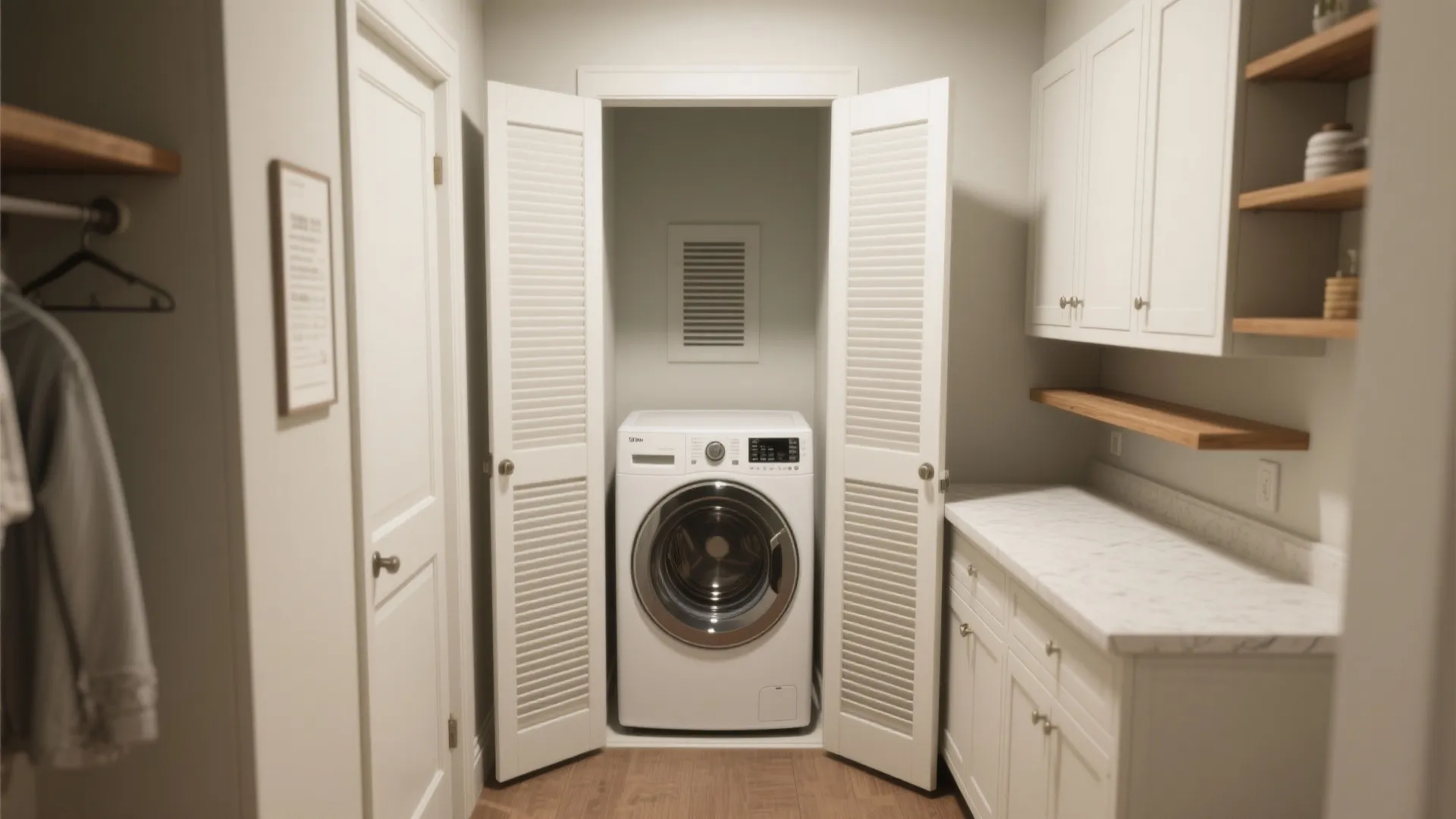 Small laundry nook with white washing machine inside a closet featuring folding doors and cabinets