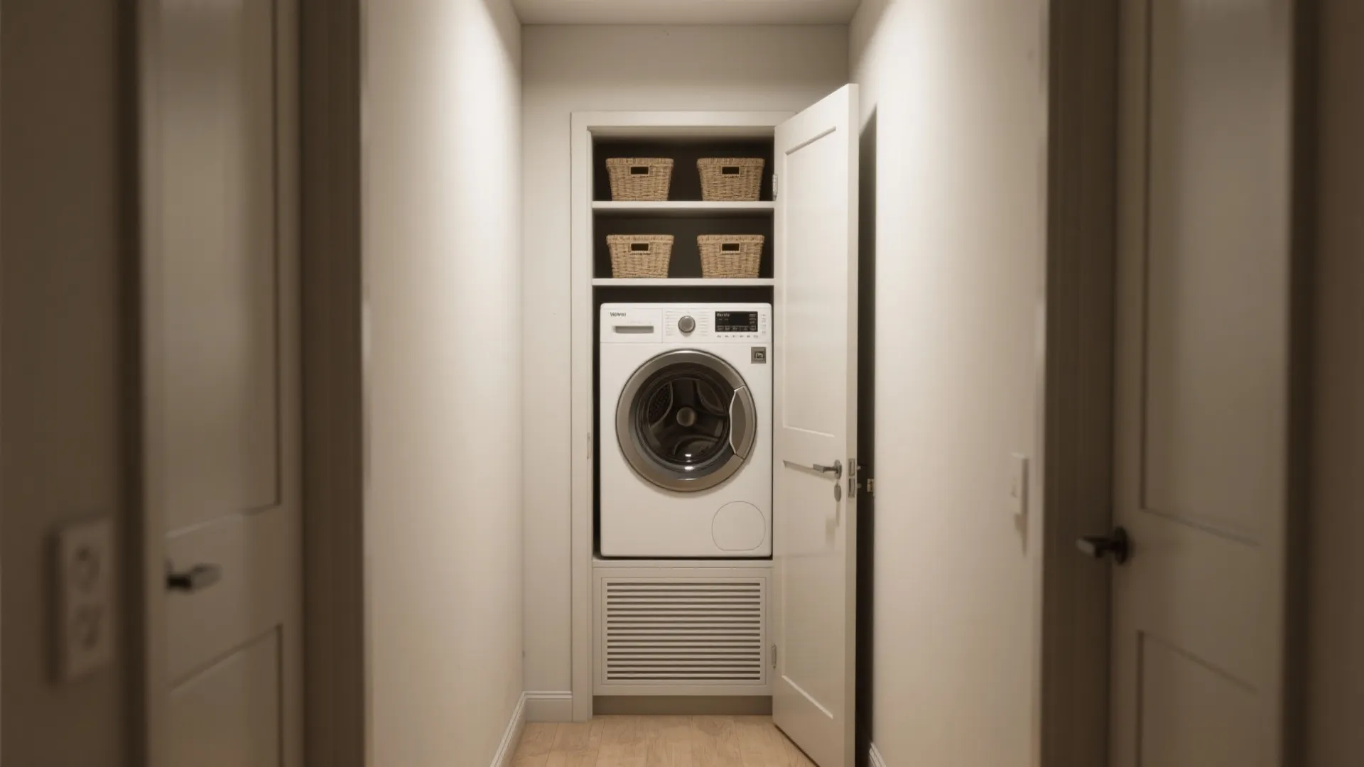 Small laundry nook inside a wall closet with washing machine wooden storage baskets and door