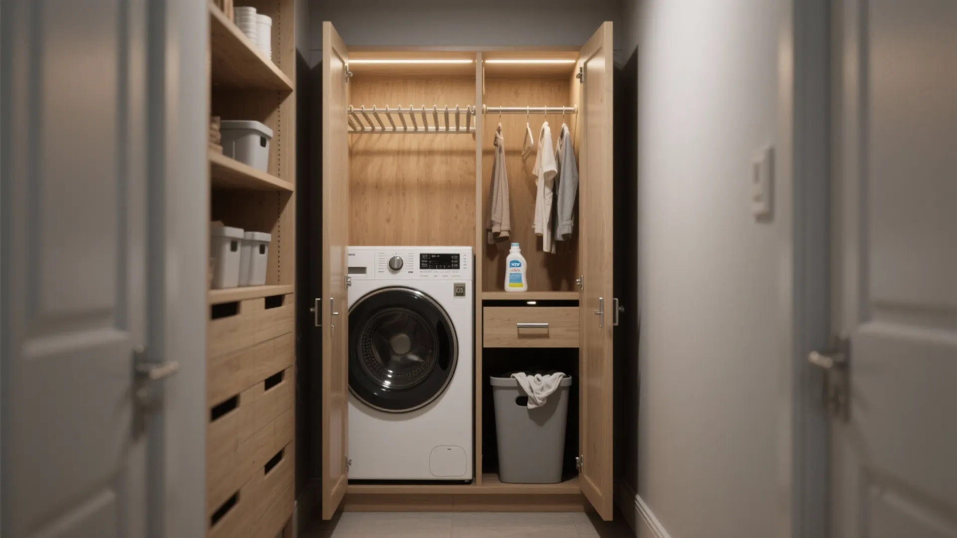 Small laundry nook inside a wooden closet with a washing machine, clothes rack, and basket