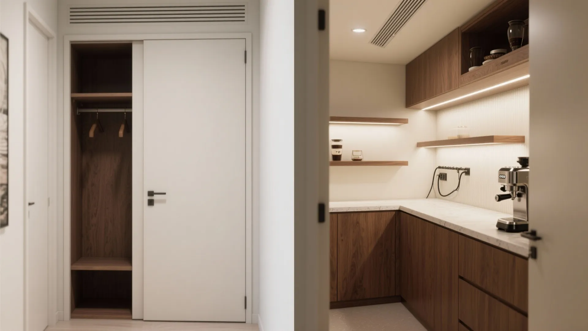 Modern walk-in closet with wooden shelves and a coffee corner featuring a small espresso machine