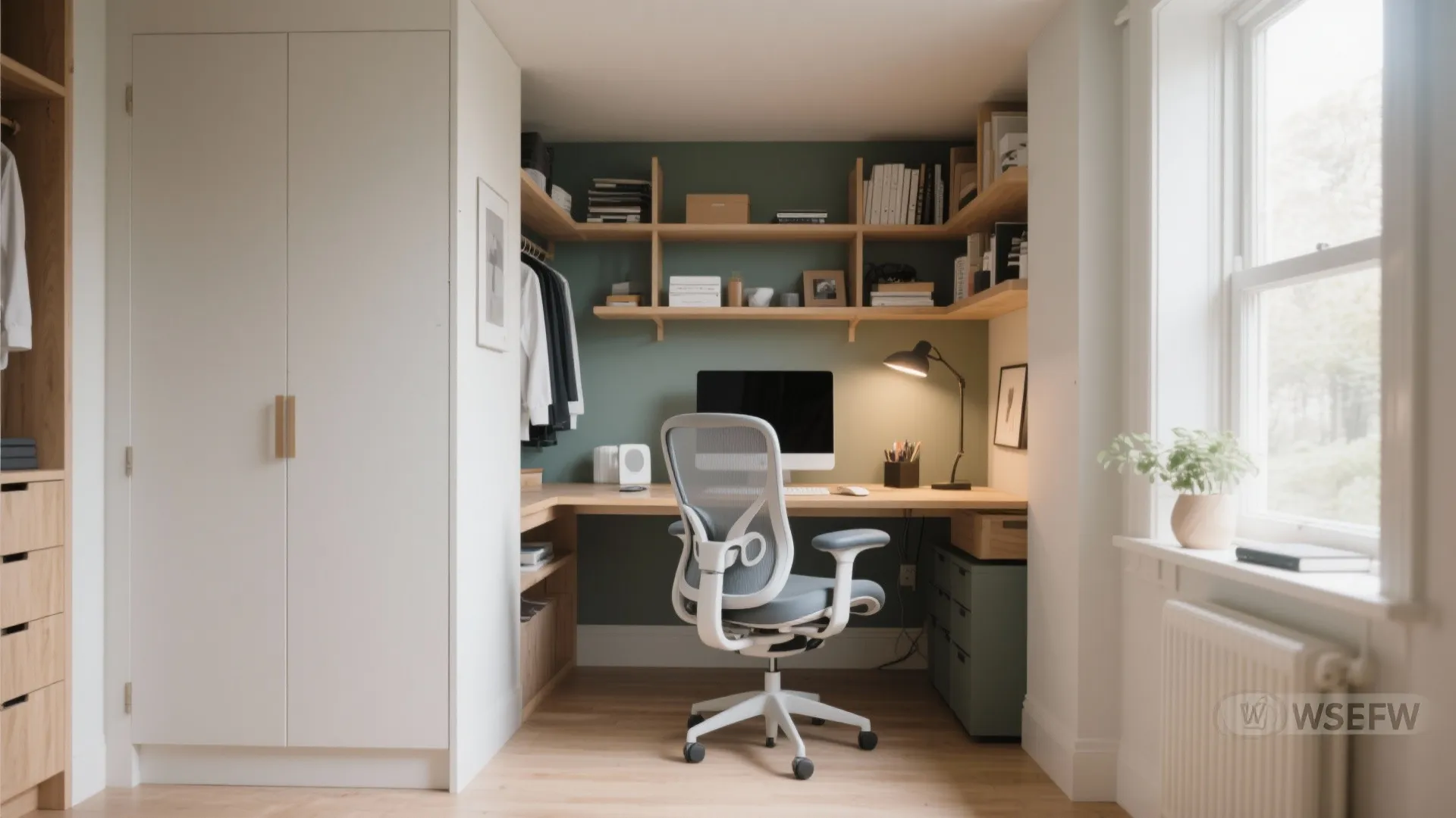Small home office area built into a closet nook