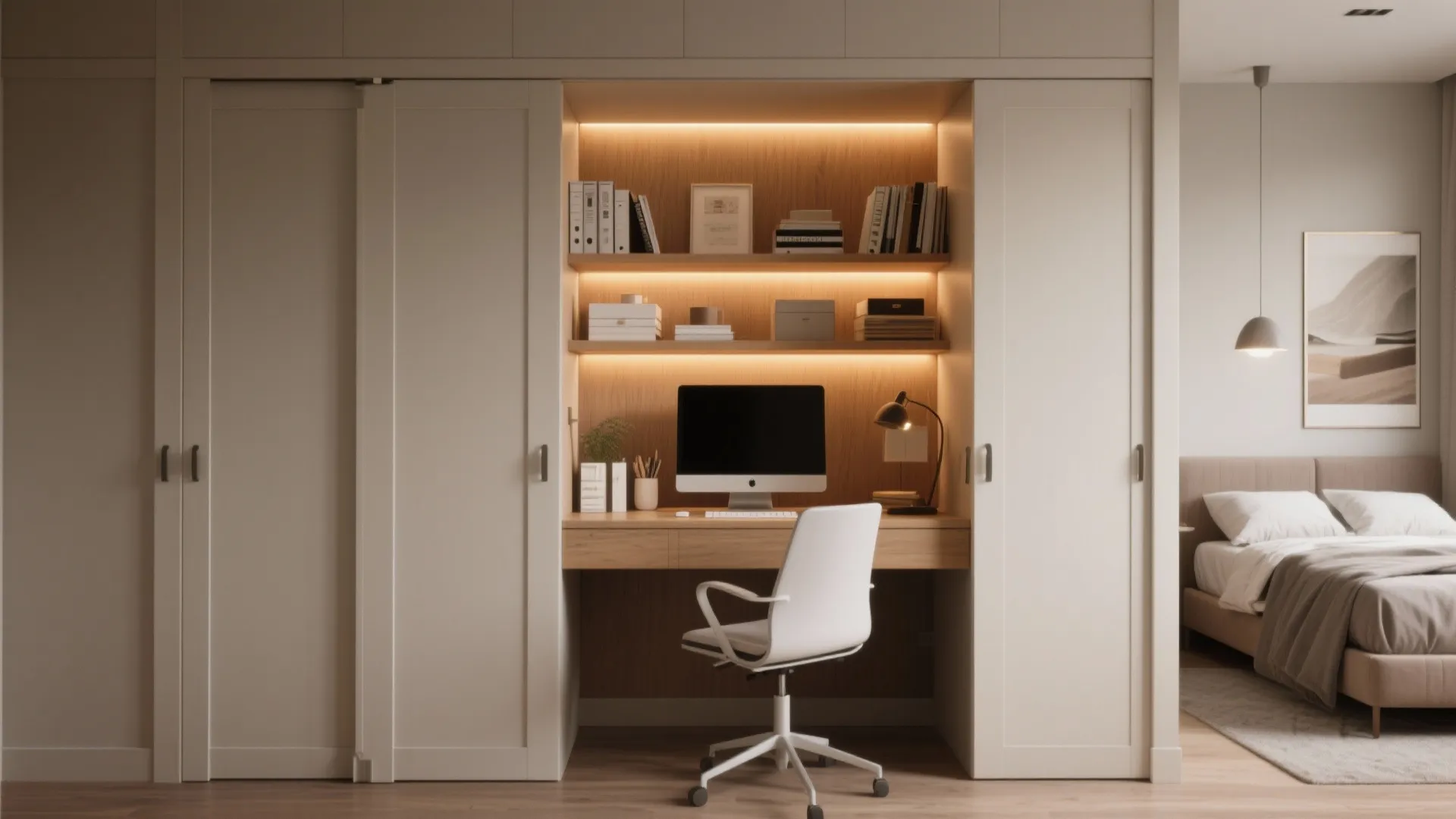 Modern home office setup with computer and white chair hidden inside a bedroom storage cabinet