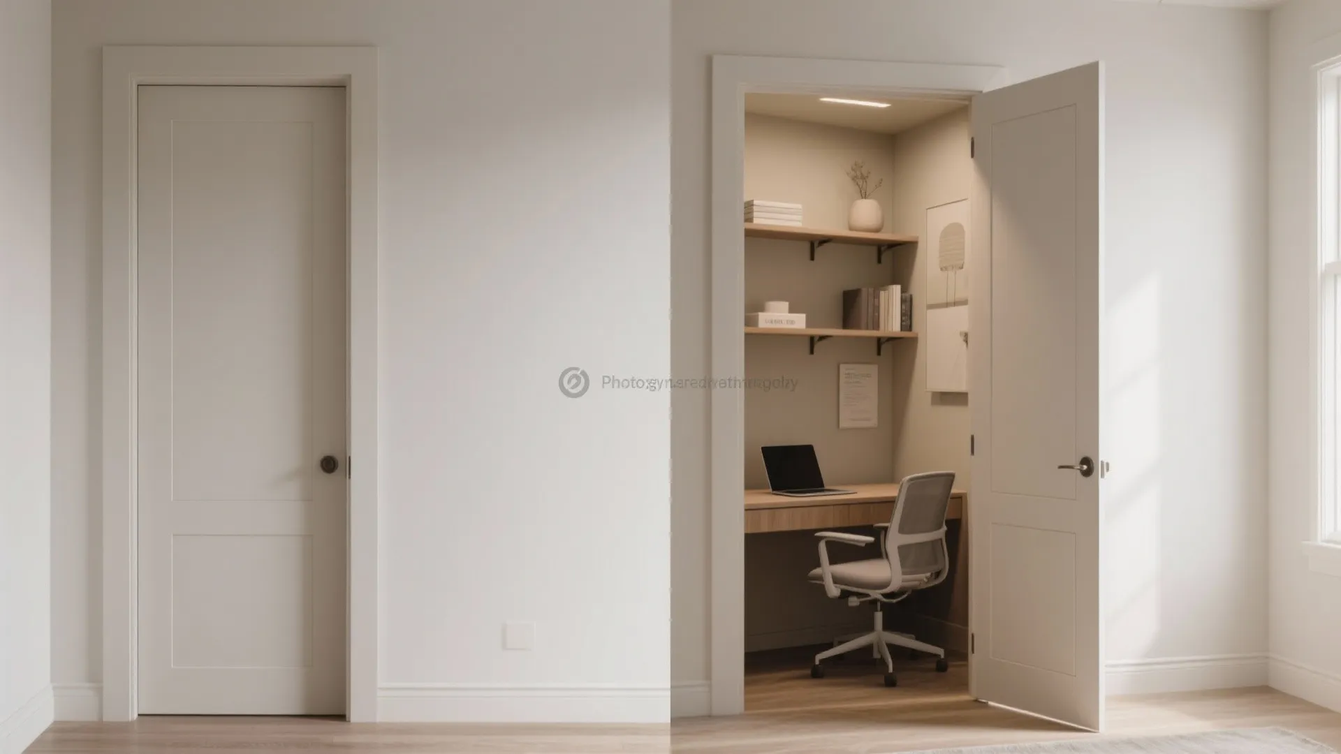 Before and after of closet transformed into compact office