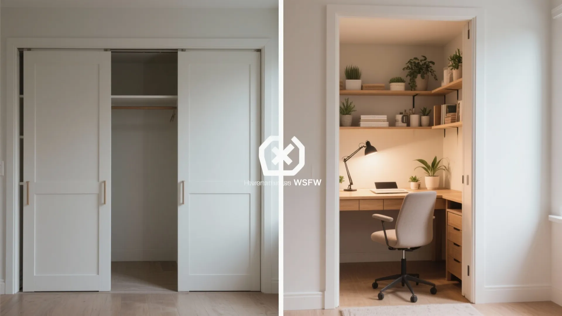 Before and after comparison showing an empty white closet transformed into a small functional workspace