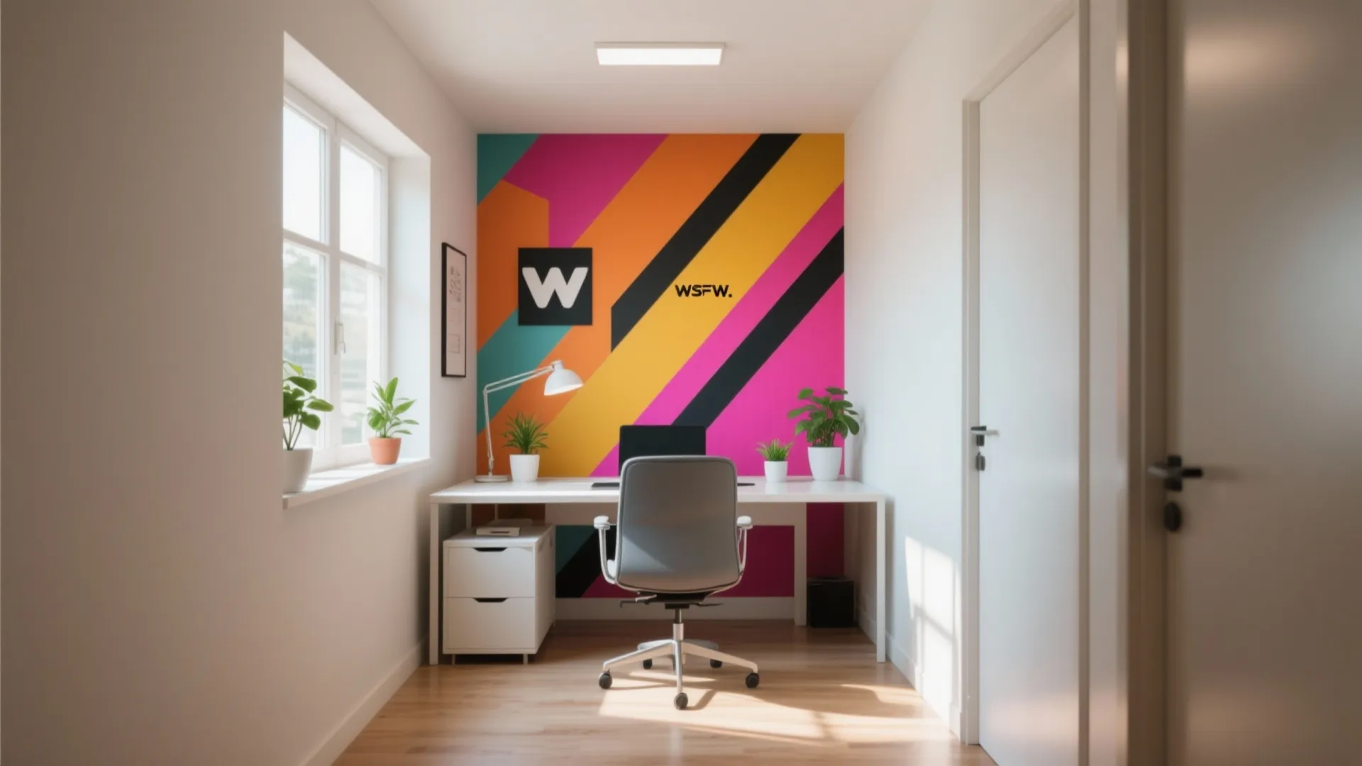 Closet office with a bold accent wall behind desk