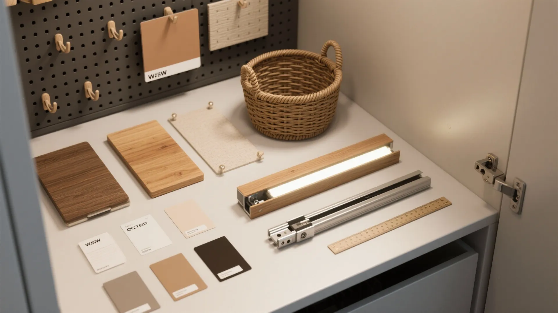 Desk with wood samples, color cards, light fixture, wicker basket, and a wall pegboard organizer
