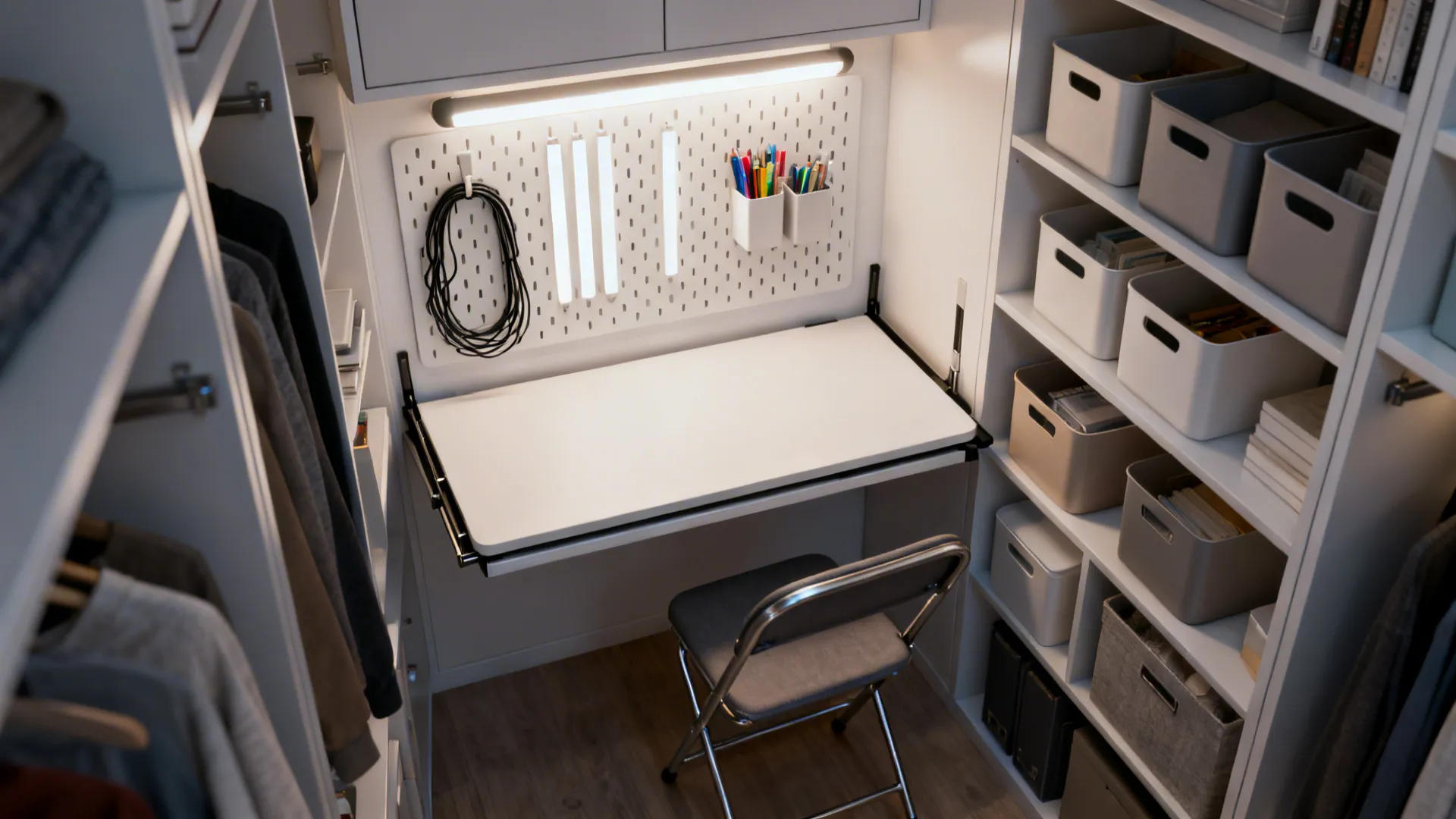 Top-down view of a fold-down closet office with pegboard organization and task lighting.