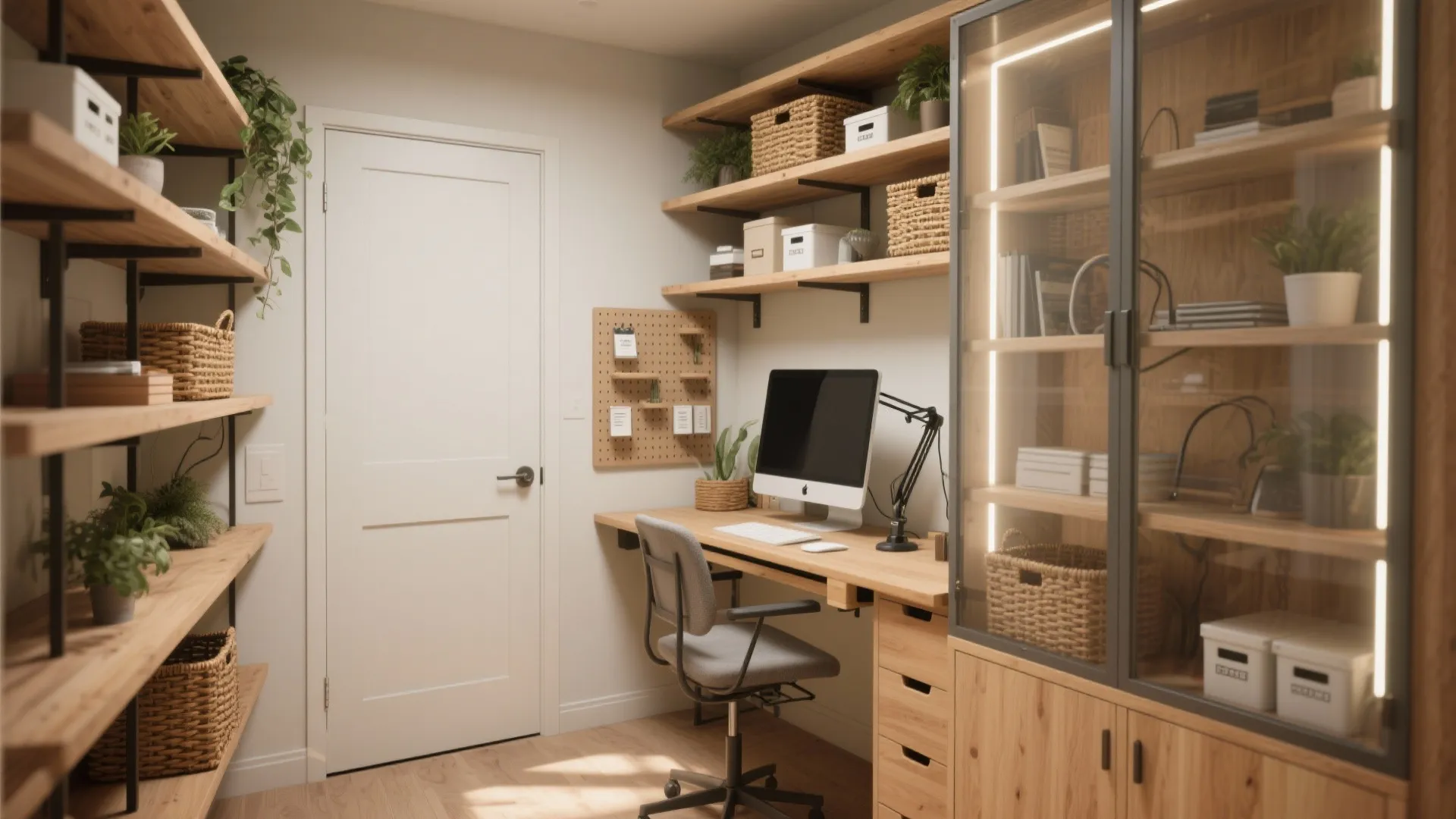 Compact home office room with wooden shelves computer desk grey chair white door and cabinet