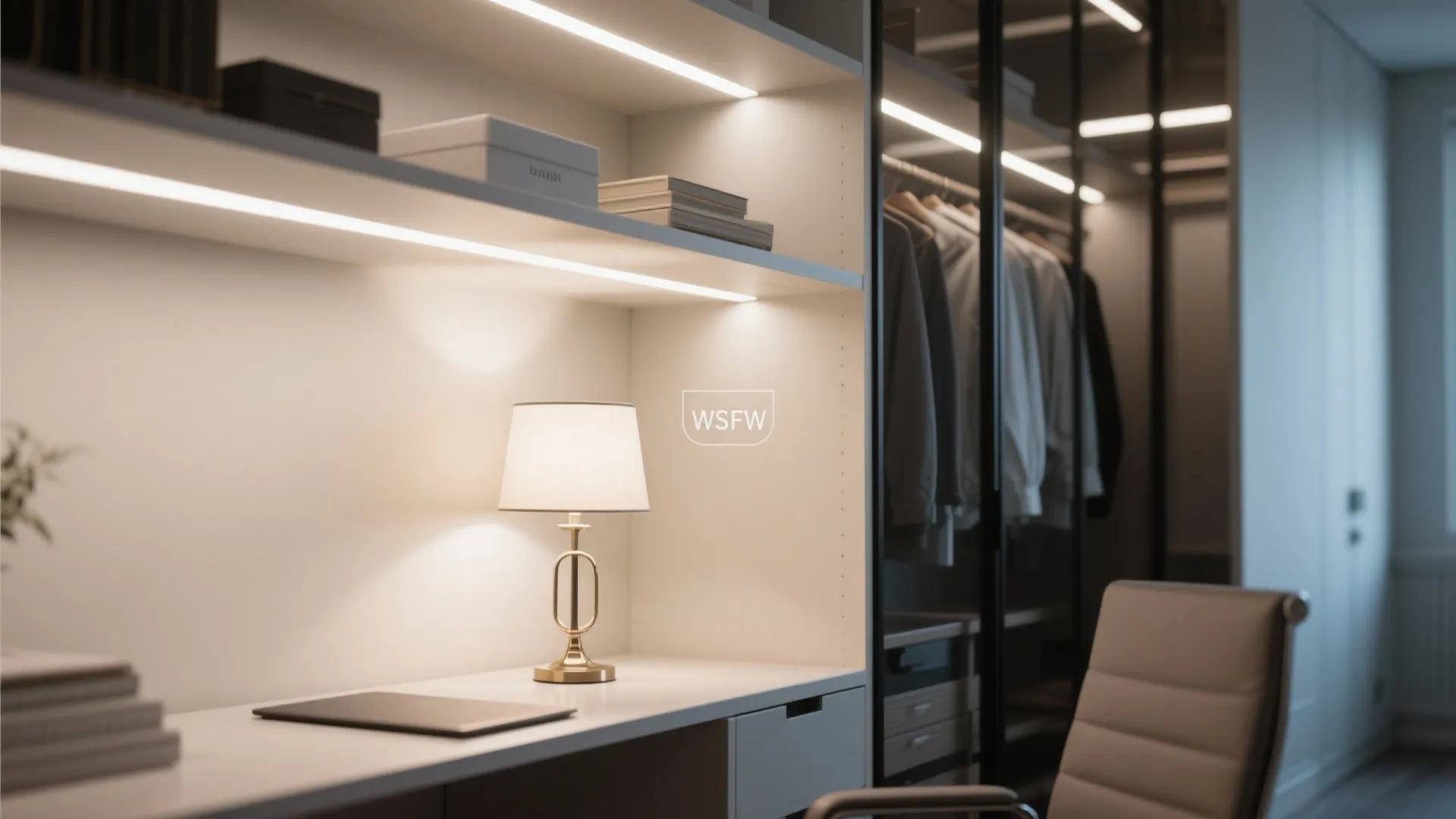Closet office workspace with LED strips and table lamp