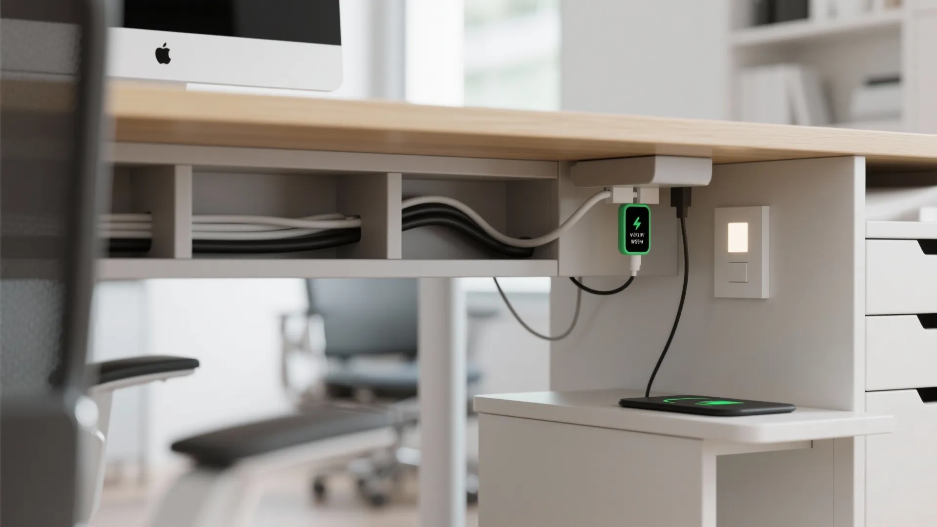 Cable channels and wireless charger in closet office