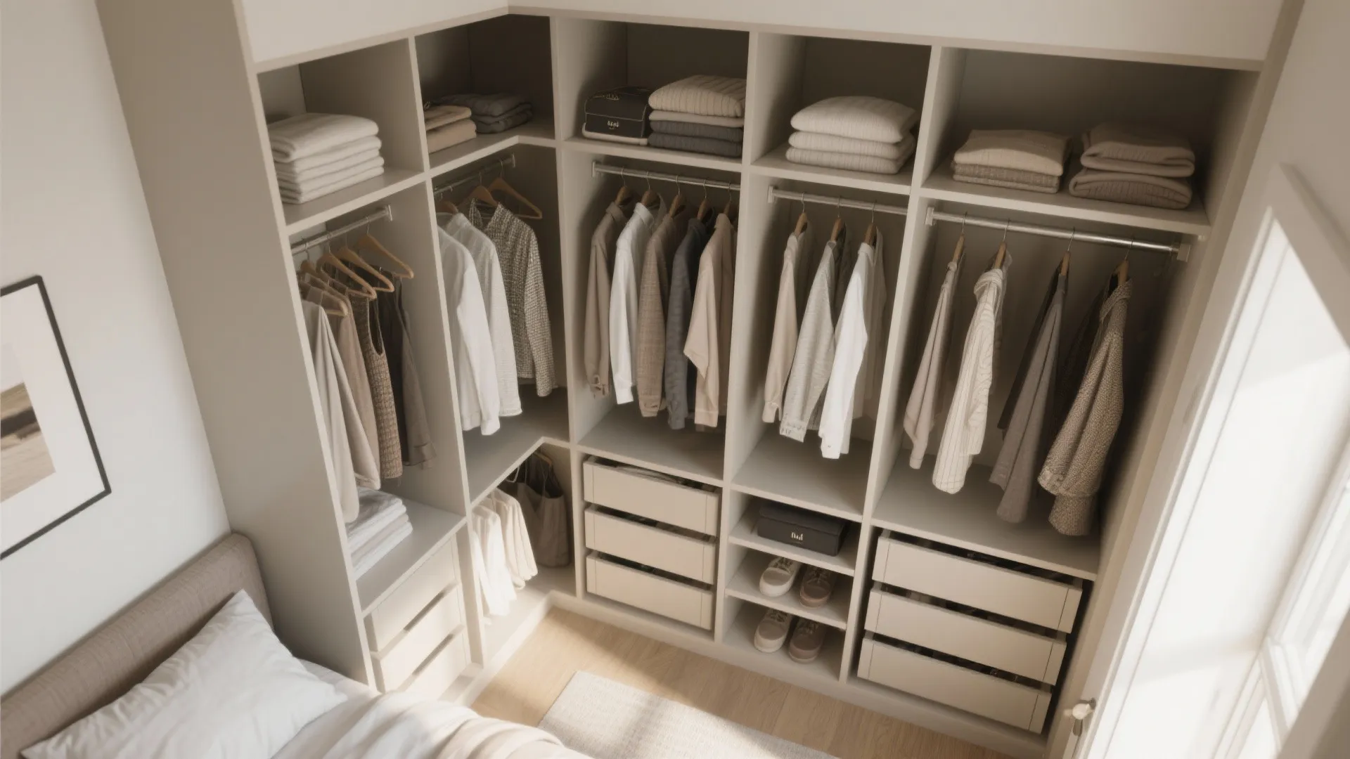 Large white walk in closet with organized shelves hanging clothes drawers and shoe storage compartments