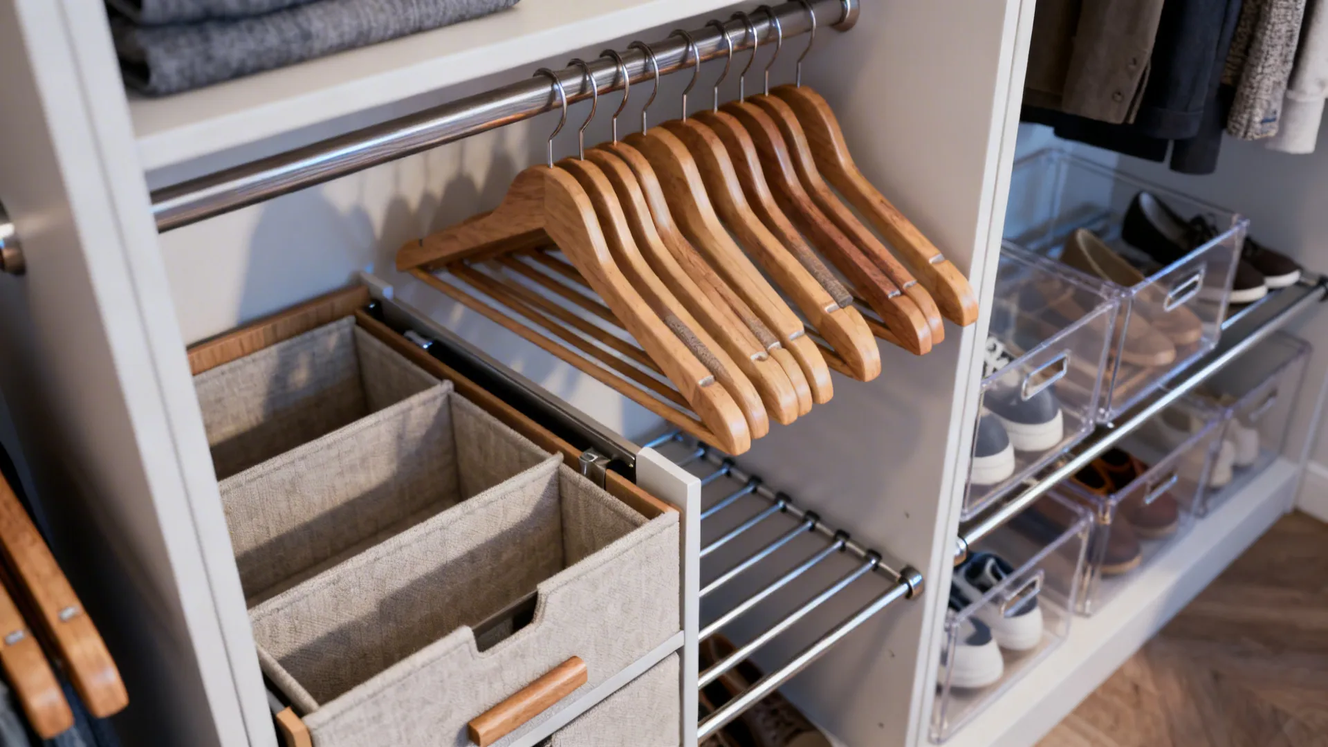 Closet interior with double rods, pull-out drawers, slim shoe racks and clear bins.
