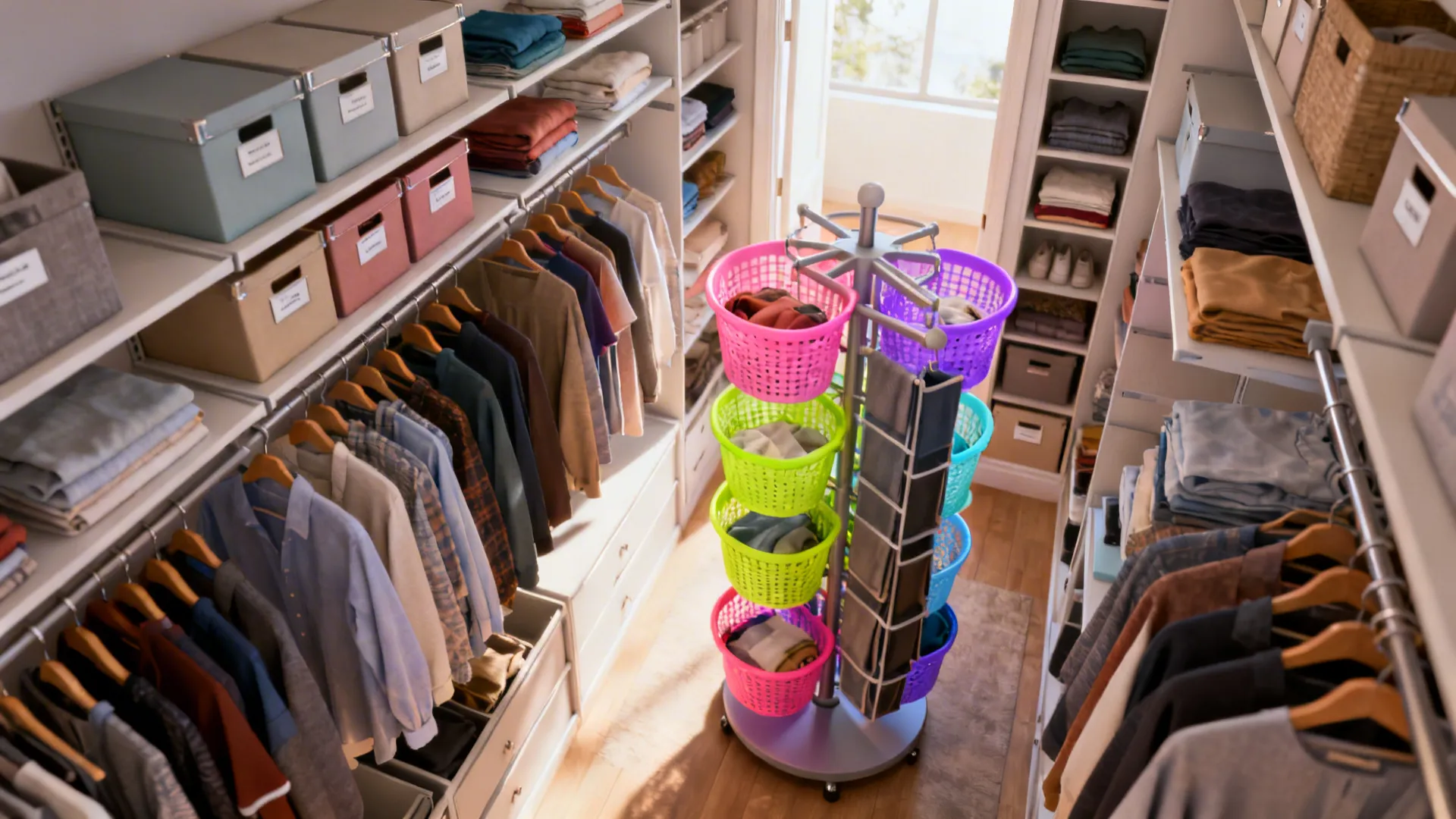 Top-down view of a closet with rotating racks and color-coded baskets for easy outfit selection.
