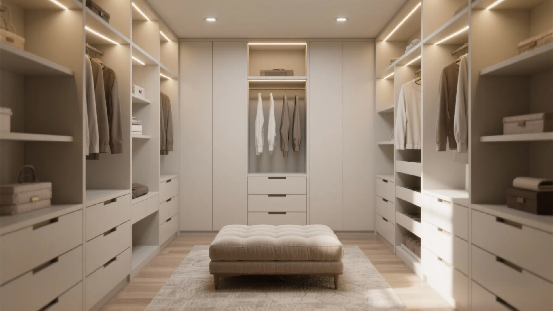 Modern walk-in closet with a beige footrest and built-in white cabinets plus warm ceiling lights