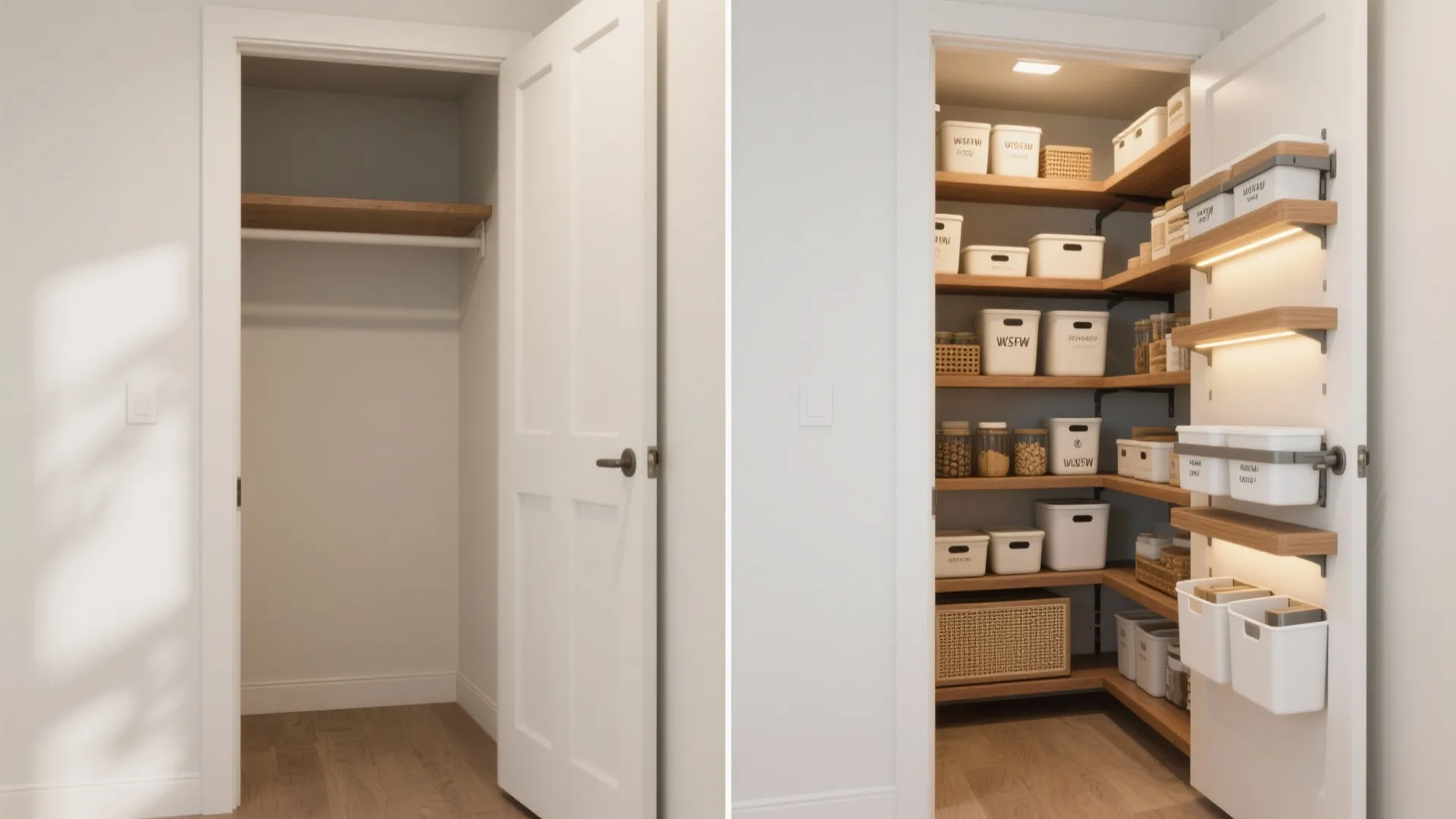 Before and after comparison of an empty white closet versus an organized pantry with many shelves