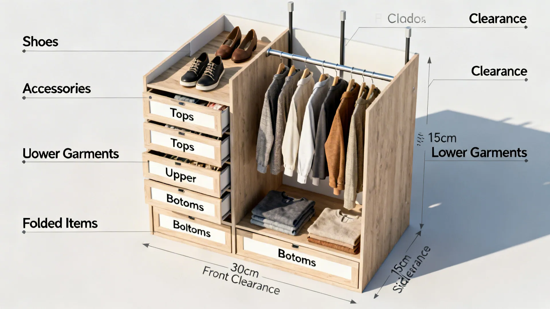 Infographic showing a wooden closet layout with labeled storage sections for shoes clothes and accessories