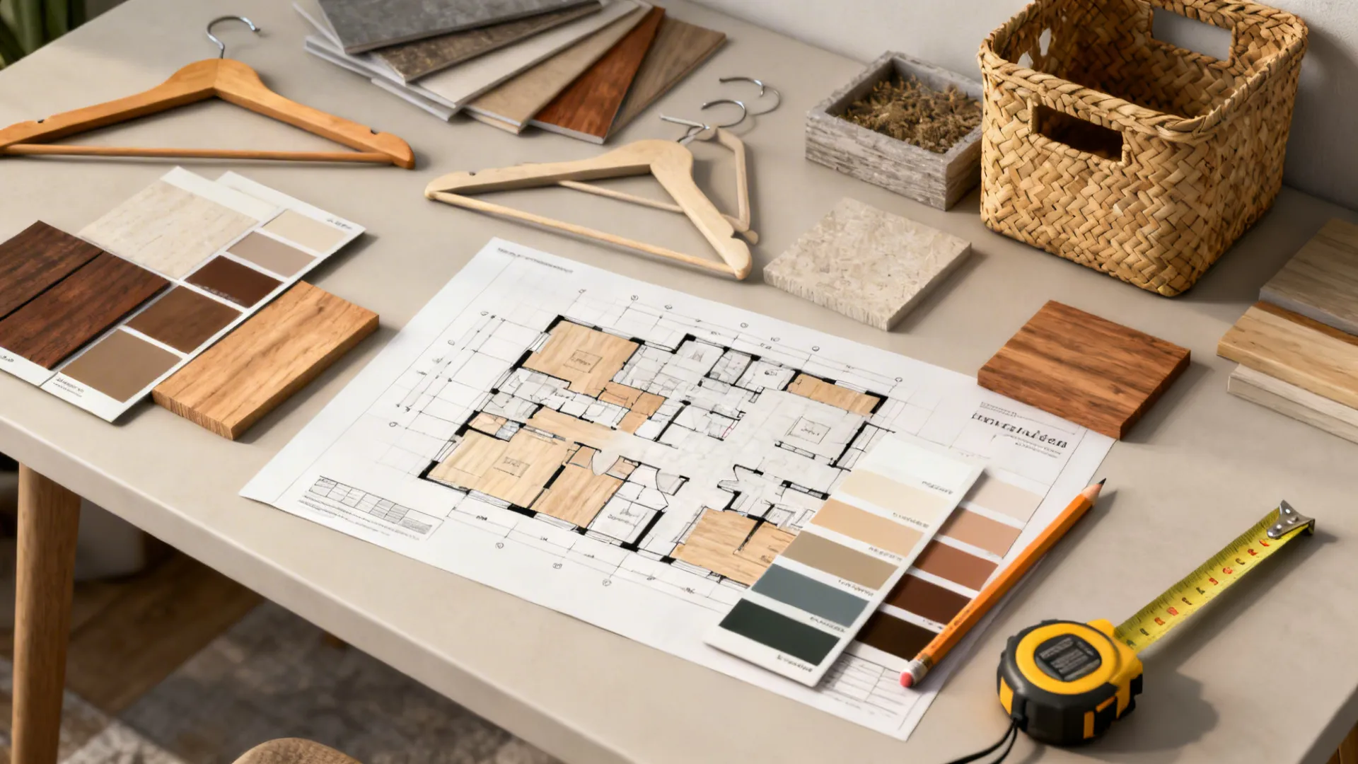 Top-down flatlay of 3D planner printouts, paint swatches, wood samples and hanger samples for closet planning.