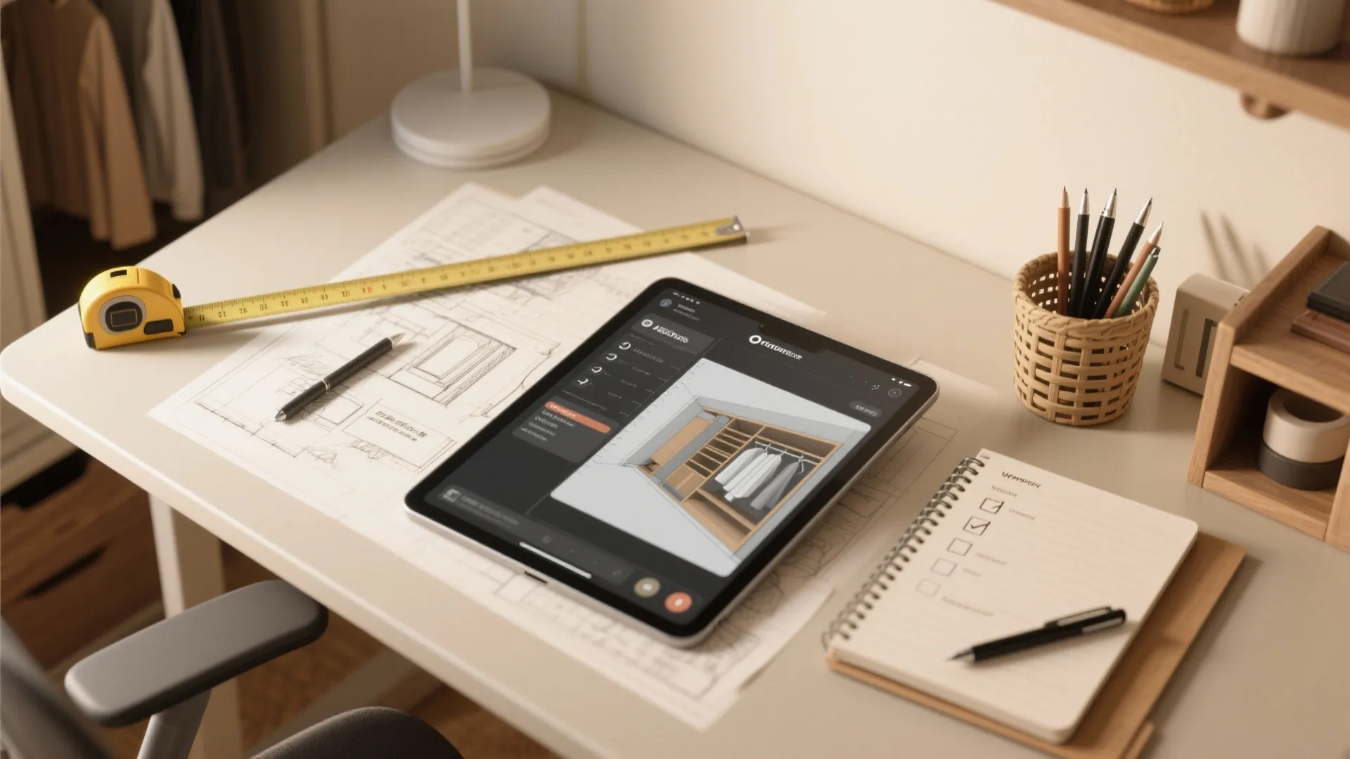 Digital tablet showing closet design software on desk with measuring tape, notebook, and floor plans