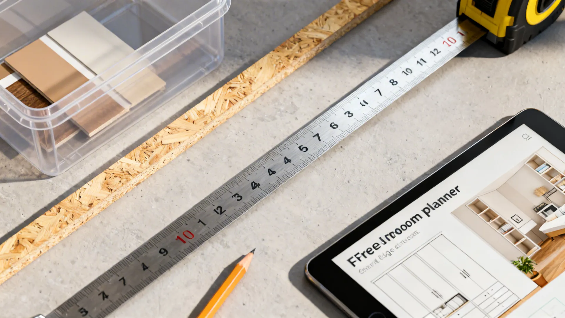 Measuring tape, pencil, material samples, and a tablet showing a room layout app on concrete