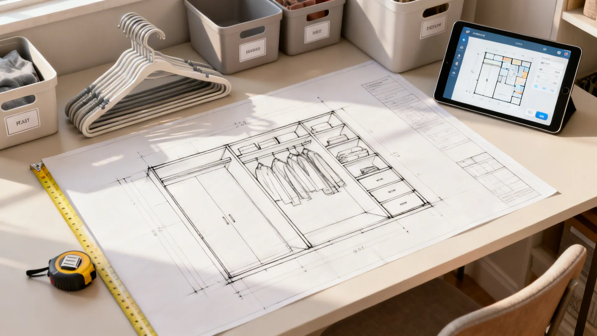 Top-down view of closet planning tools: sketch, measuring tape, tablet with floor planner, uniform hangers and labeled bins.