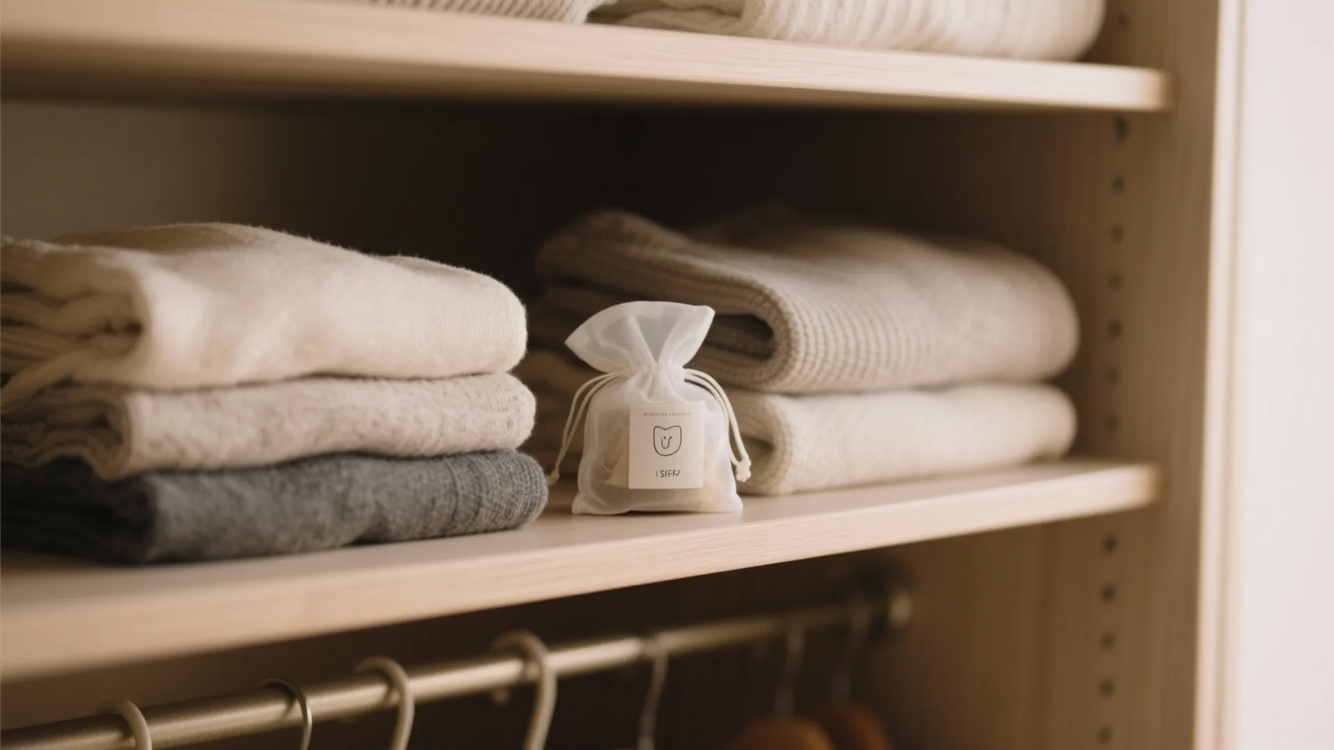 Interior closet shelf with sweaters and a discreet scent pod tucked behind them to neutralize musty odors.