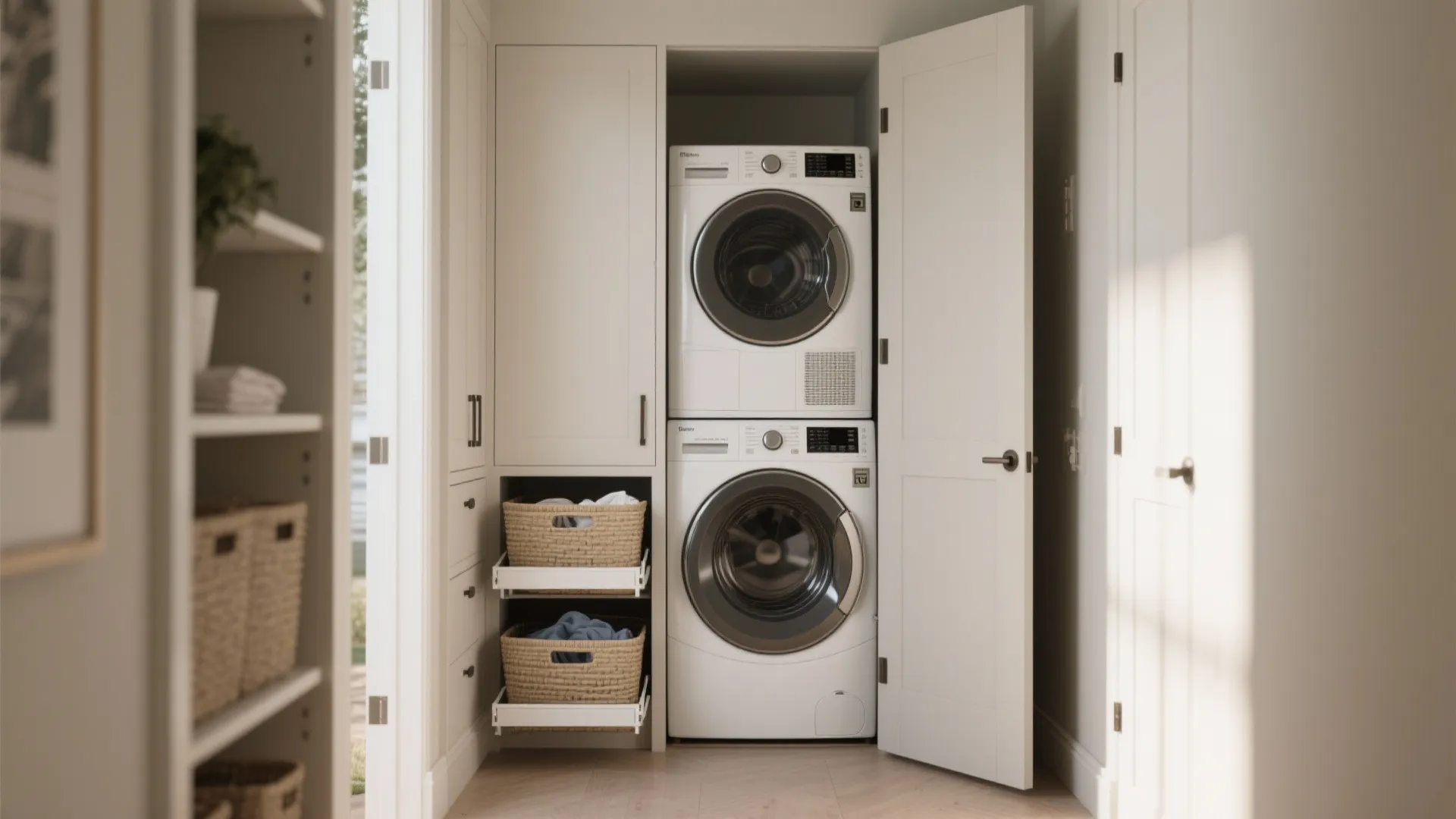 White laundry closet with stacked machines and pull-out baskets for clothes storage and room organization