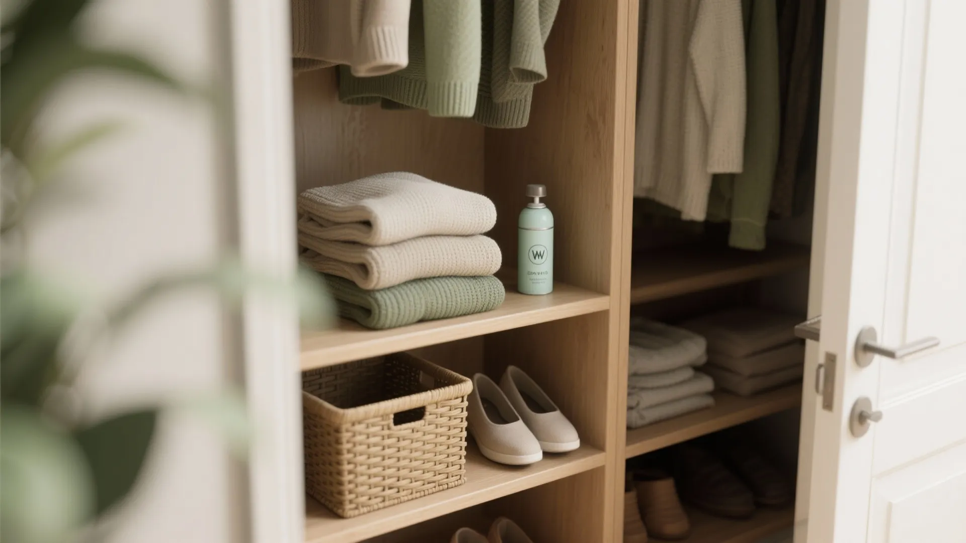 Closet interior with folded sweaters and a small neutralizing air freshener tucked behind a shelf to prevent mustiness.