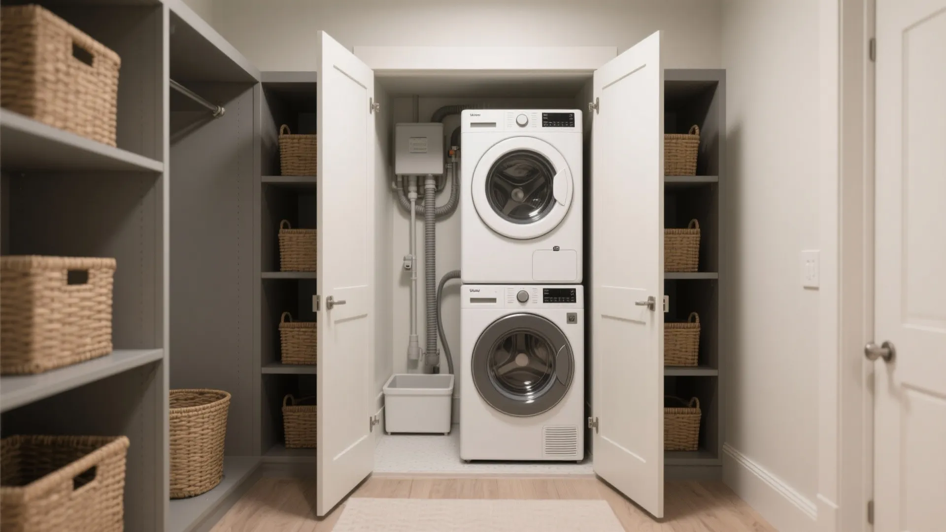 White stacked washing machine and dryer inside a closet with grey shelves and woven baskets