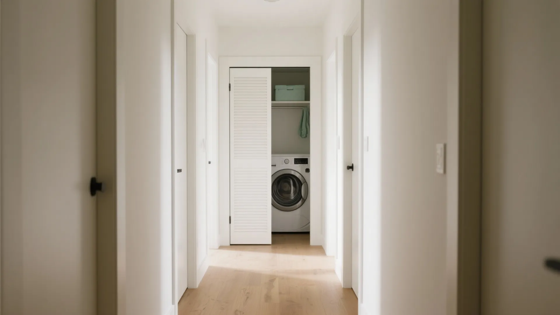 White hallway leading to a small laundry closet with washing machine and a white folding door