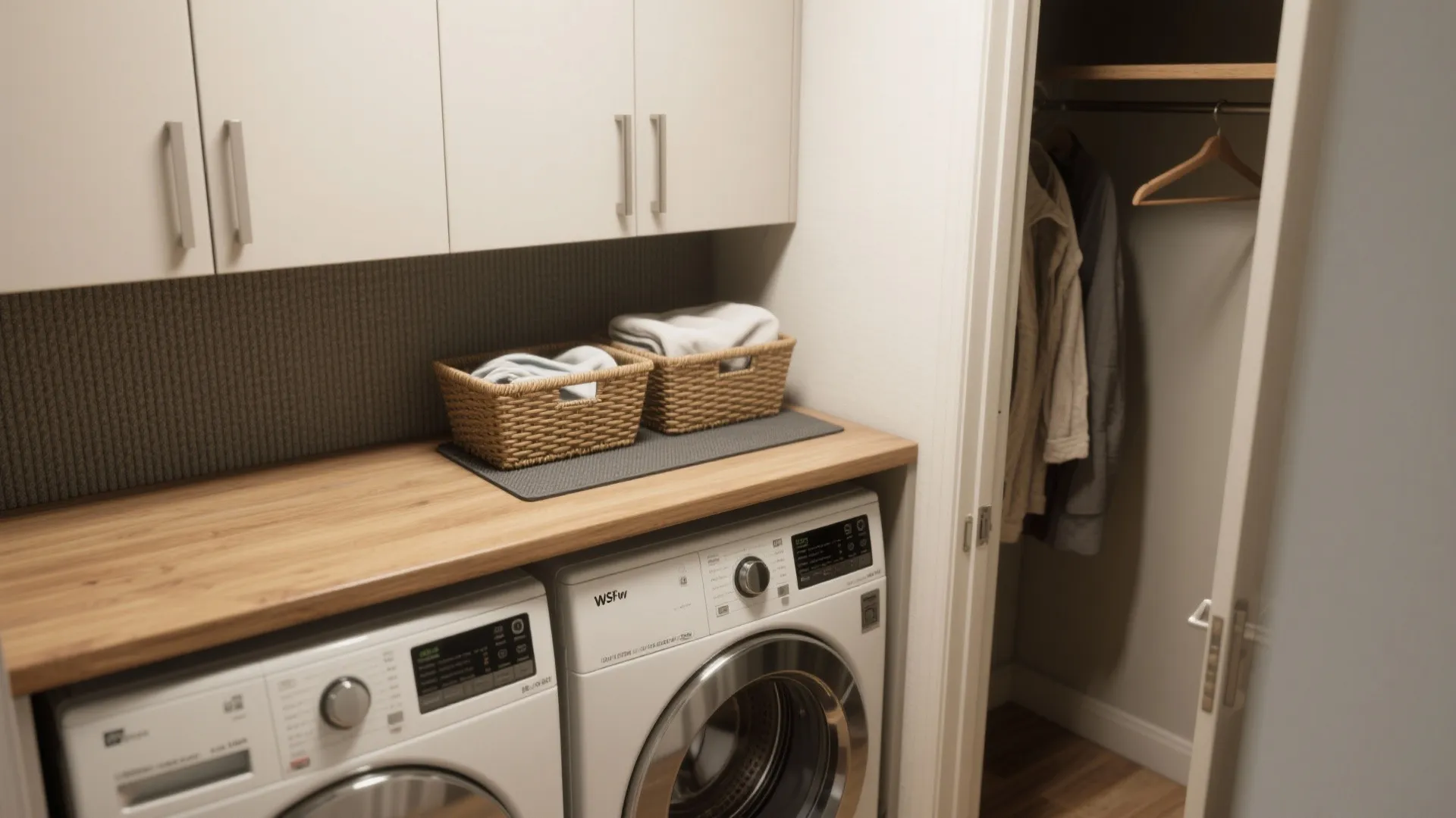Closet converted to laundry with a solid folding countertop, baskets, and sound-damping panel behind the machines.