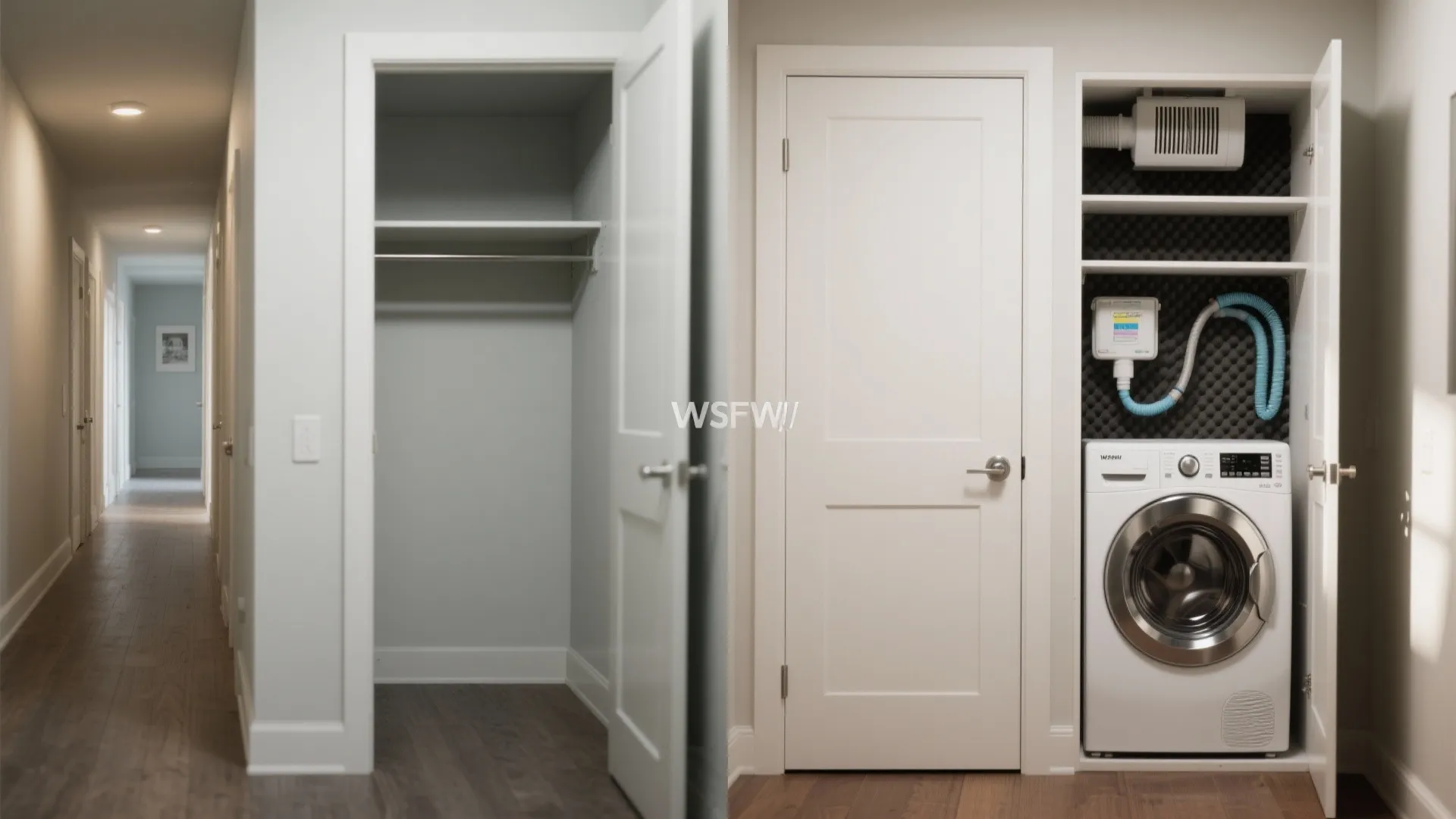 Before and after side by side showing a small empty closet transformed into laundry room space