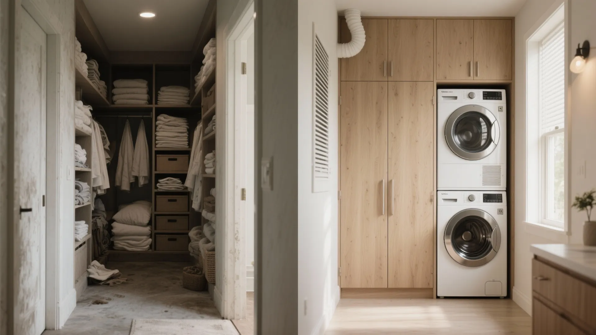 Before-and-after of a narrow hallway closet converted into a compact laundry nook with a stacked washer dryer behind bi-fold doors.