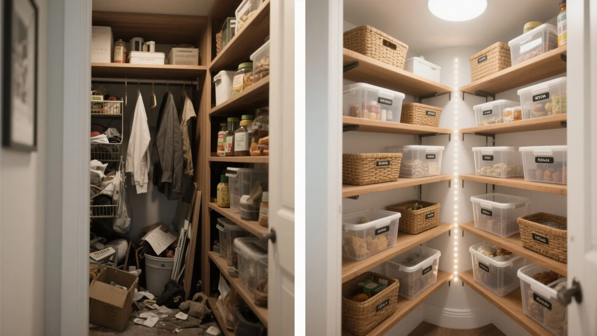 Before and after comparison of a messy clothes closet converted into an organized kitchen pantry