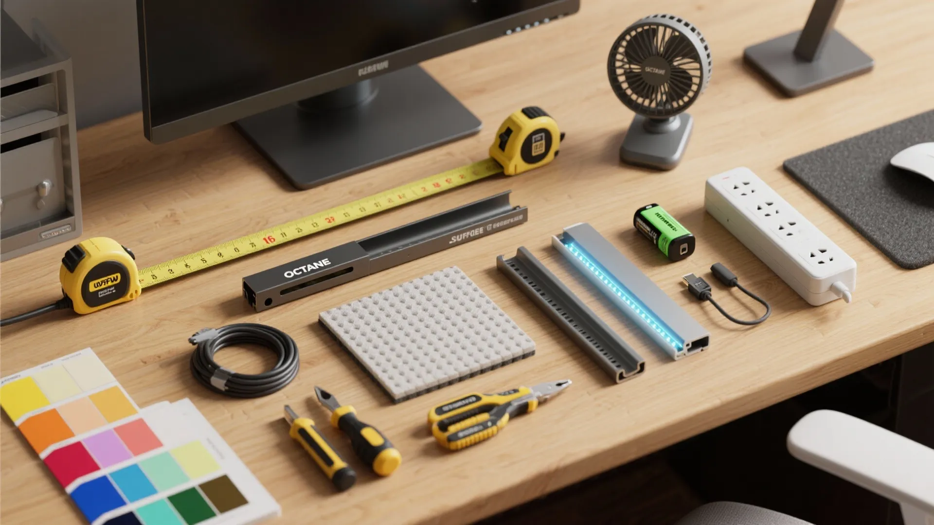 Desk with computer and measuring tape plus color swatches and tools for interior design work