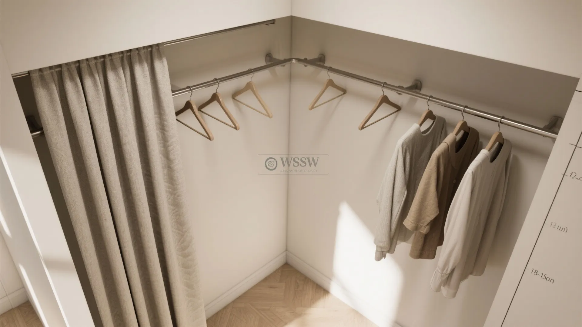 Top-down plan view of closet wall showing rail and ceiling track offsets with clearances for hangers and curtain.