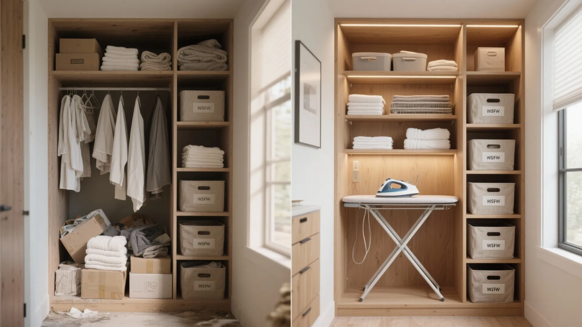 Before and after comparison showing a messy closet versus an organized laundry storage with ironing board