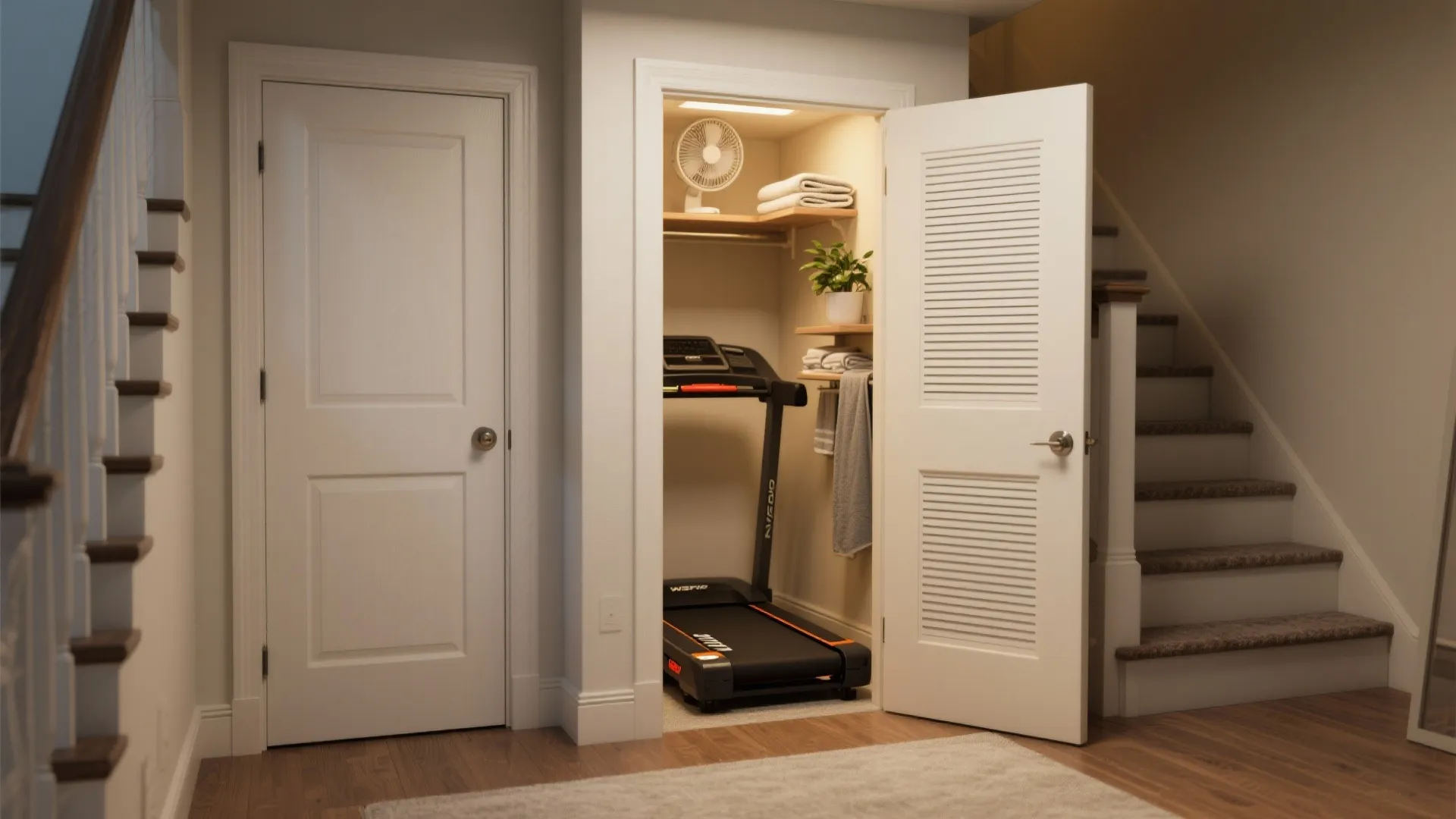 Small storage closet under stairs used as home gym area with treadmill and white door