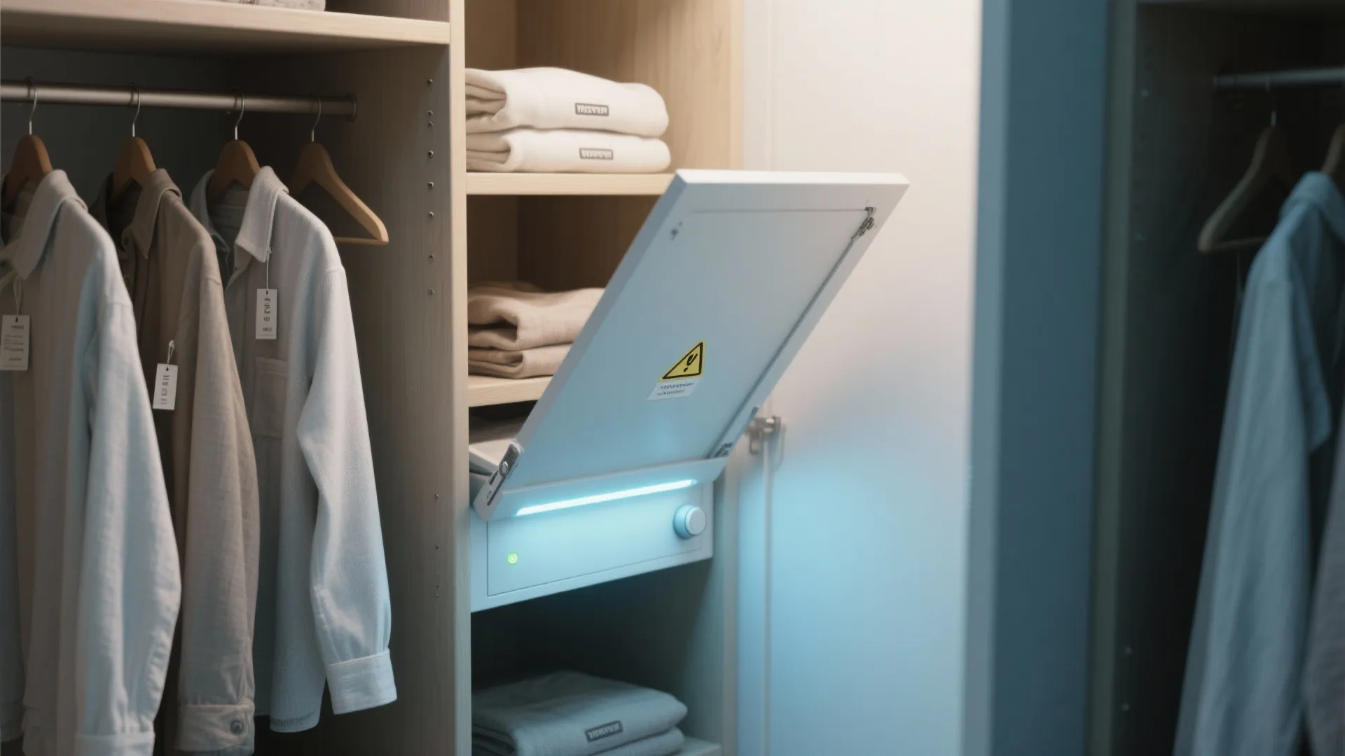 Wooden walk in closet featuring integrated sanitizing light box built into storage shelf for clothes
