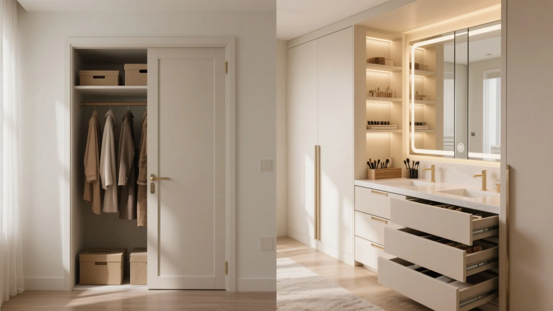 Modern white walk-in closet with hanging clothes and vanity area featuring lighted mirror and sink