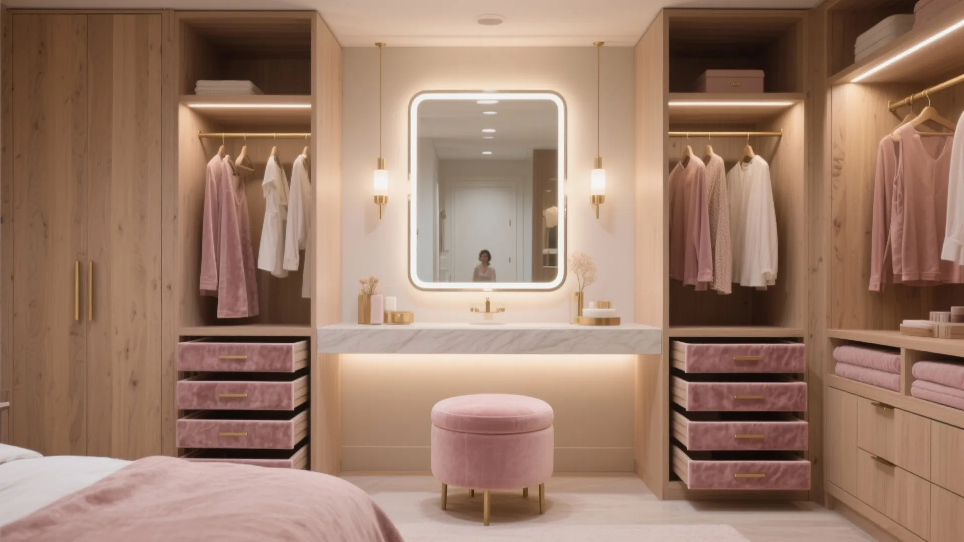 Boutique closet and vanity that merge with the bedroom