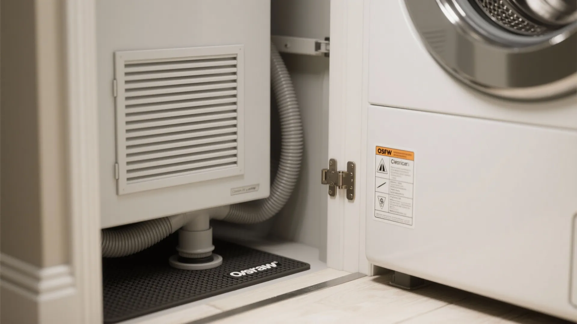 Close-up of louvered vent, anti-vibration mat, and flexible dryer hose showing technical details for a laundry closet.