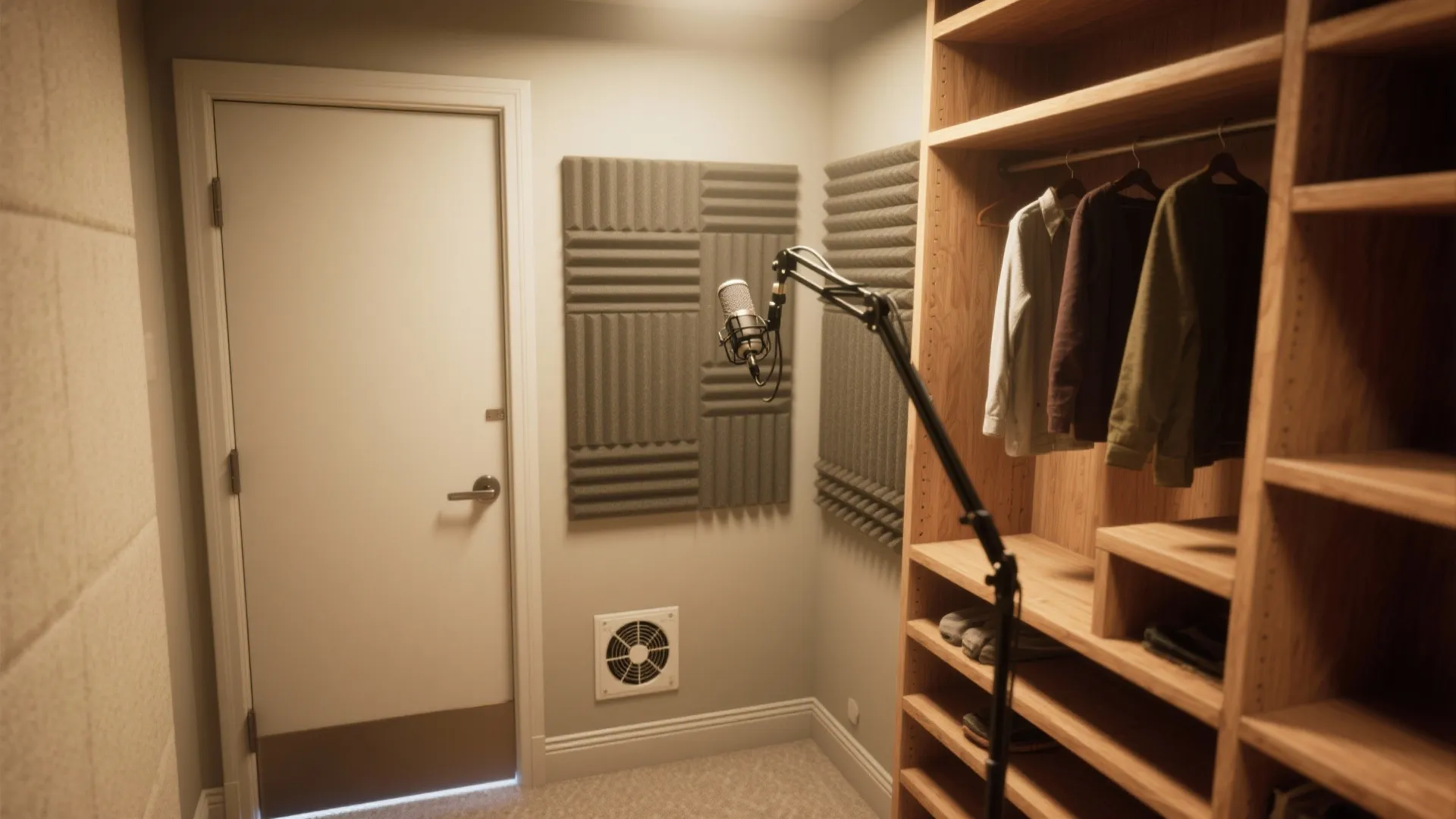 Small walk in closet converted into recording room with microphone hanging clothes and wall sound panels