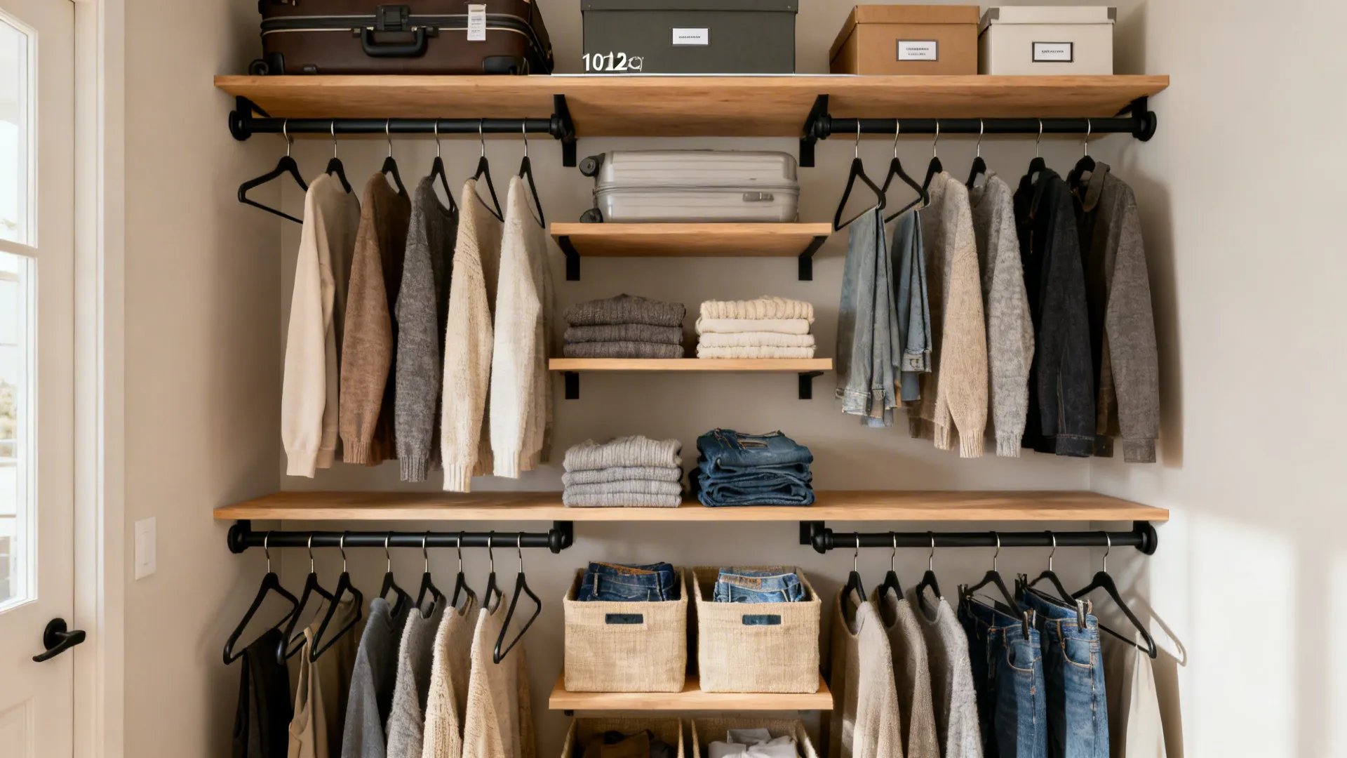Small closet with double-hang rods, folding shelves, and high-low deep storage bins in a clean layout.