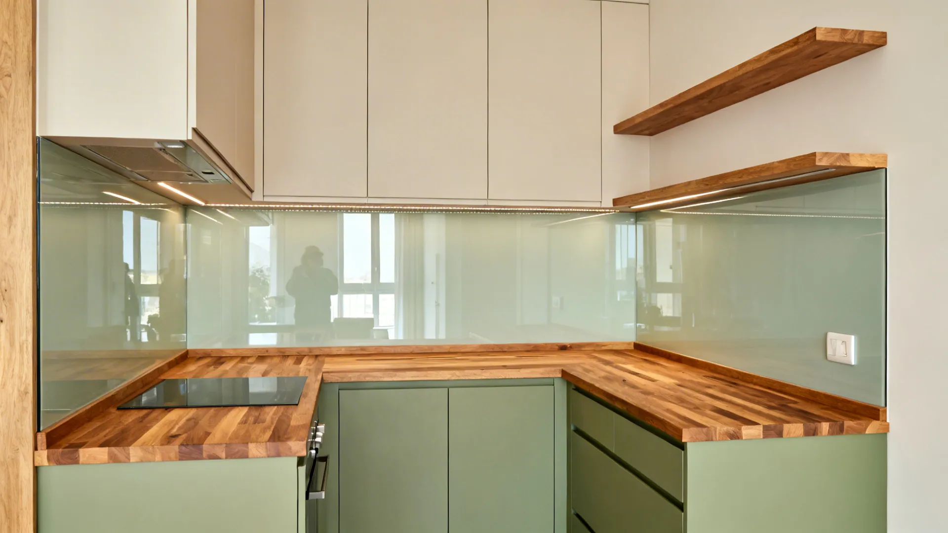 Cohesive small kitchen blending open shelves, glass backsplash, two-tone cabinets, and a slim wood return.
