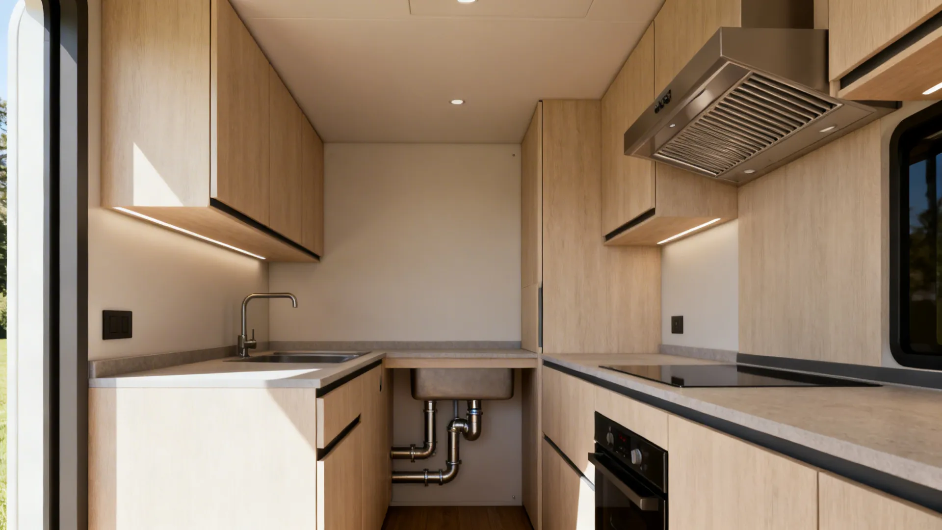 Modern small kitchen with light wood cabinets stainless sink exposed pipes black oven and metal hood